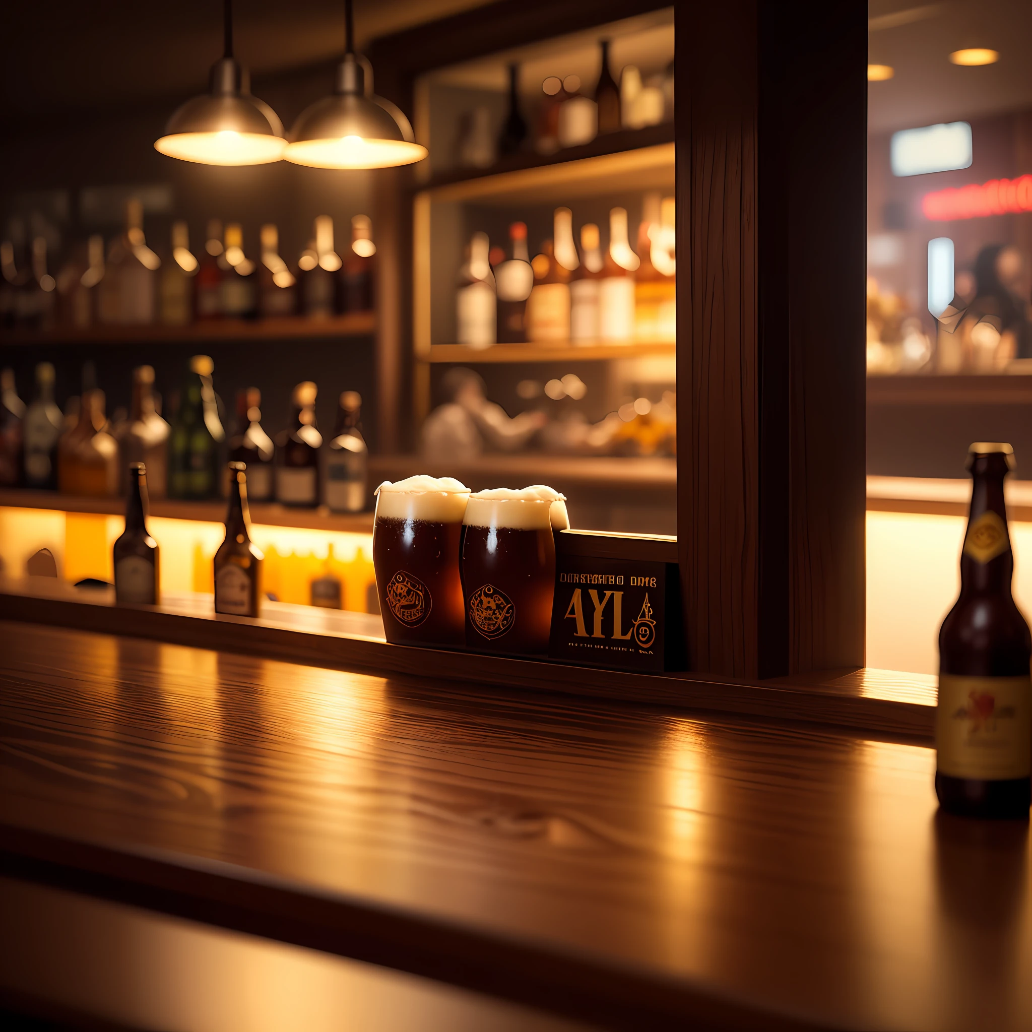 A poster of a beer bottle for a commercial, attractive, cold, on the table, in a bar, special lighting, cinematic, richness of detail, masterpiece, best quality, 16k --auto