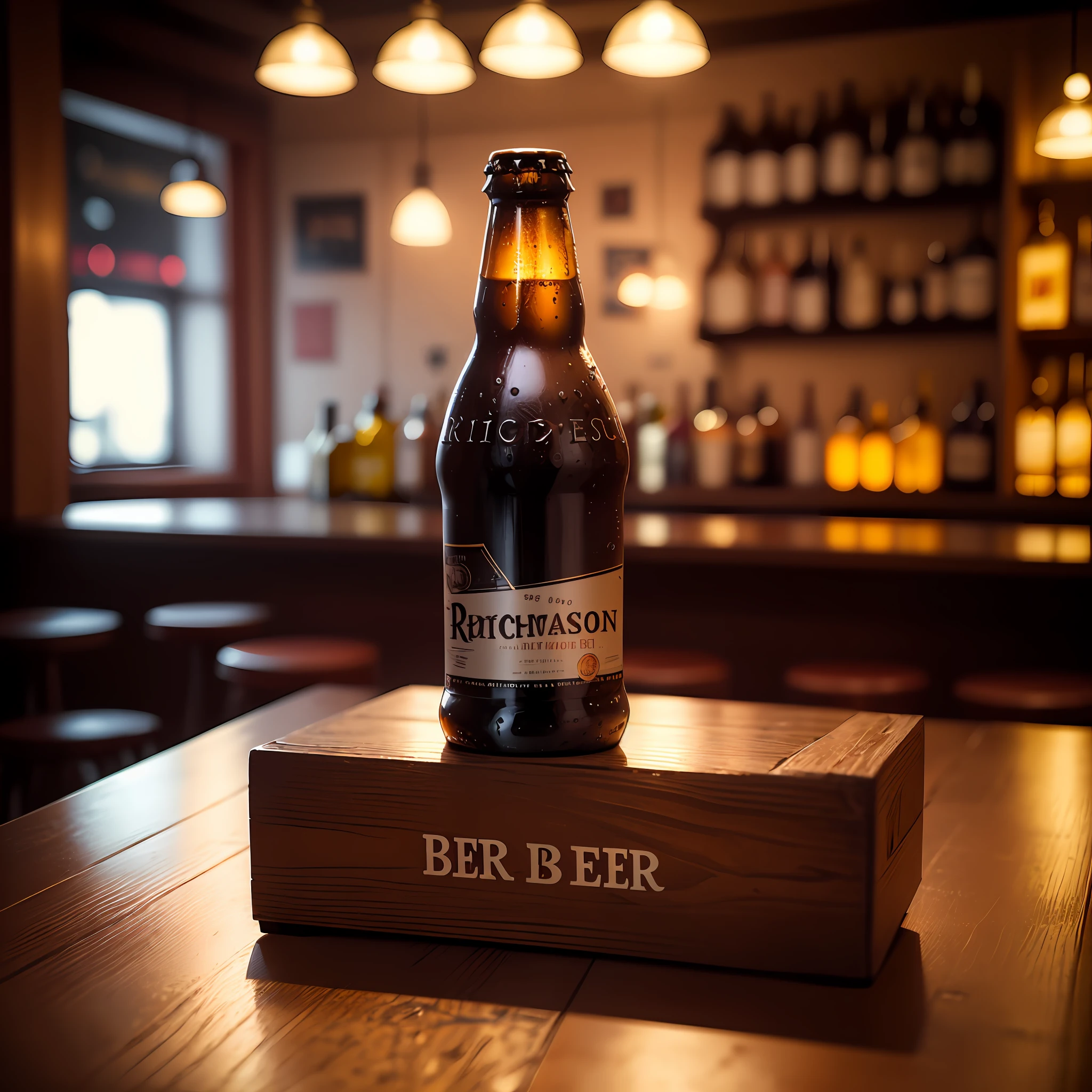 A poster of a beer bottle for a commercial, attractive, cold, on the table, in a bar, special lighting, cinematic, richness of detail, masterpiece, best quality, 16k --auto