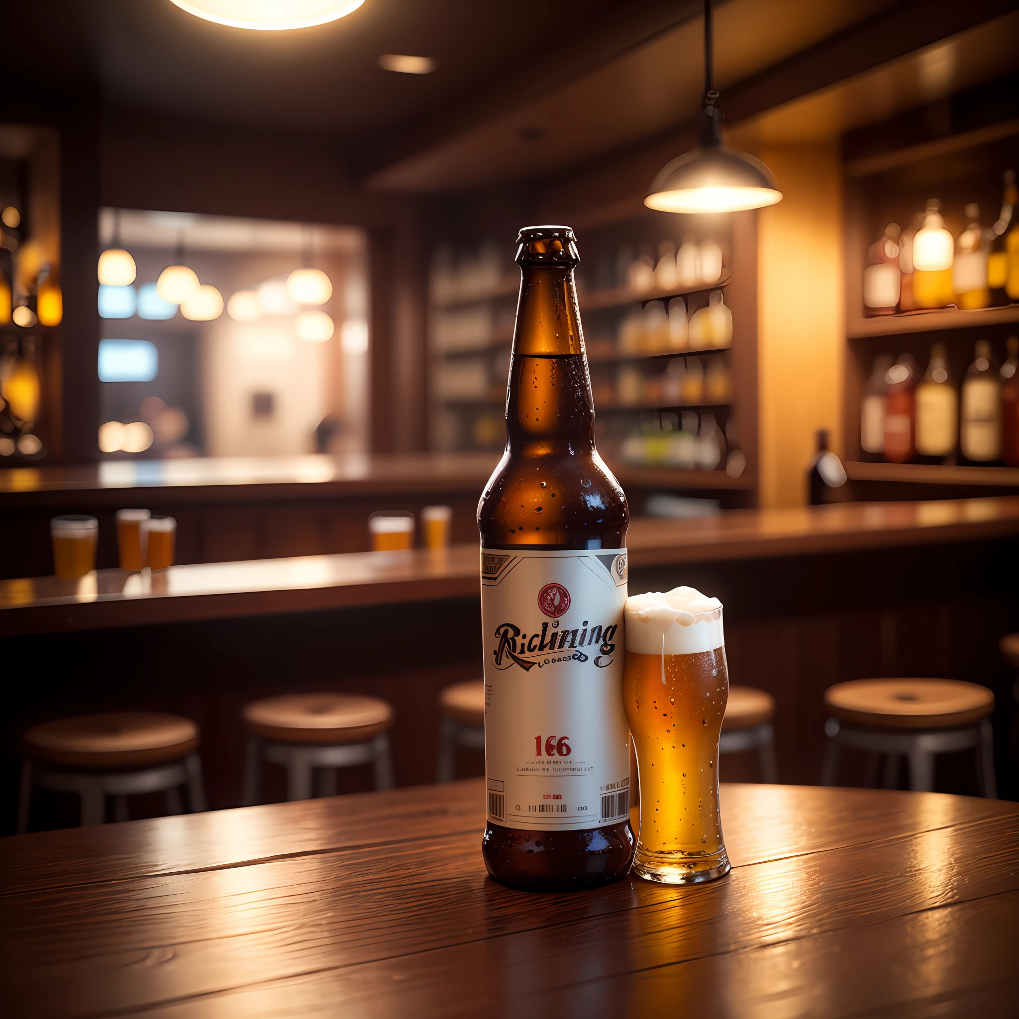 A poster of a beer bottle for a commercial, attractive, cold, on the table, in a bar, special lighting, cinematic, richness of detail, masterpiece, best quality, 16k --auto