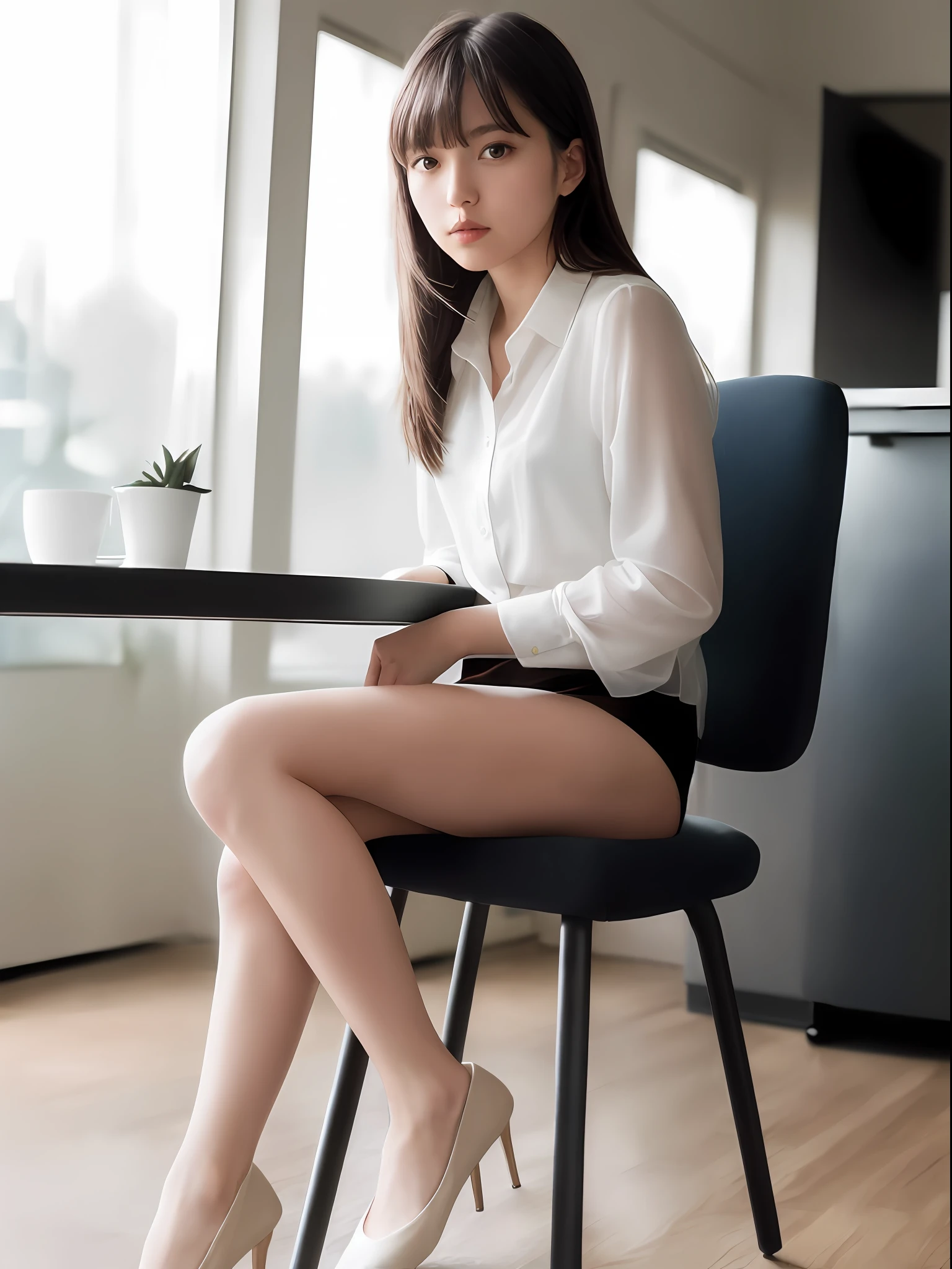 (8K, RAW Photography, Best Quality, Masterpiece: 1.2), (Realistic, Photorealistic: 1.37), Best Quality, Ultra High Resolution, Photon Mapping, Radiosity, Physically Based Rendering, Blur, Foreground, Depth of Field, Blurred Background, Photo_\ (Medium), Motion Blur, Girl, (Full Body), Sitting on a Chair of the Machine, Sitting with Open Legs, long legs, slender legs, long hair, bangs, (bangs visible), hair_ornament, lips, hair clip, solo, brown_eyes, nosesoft, sheer white blouse, miniskirt, stockings, loafers,