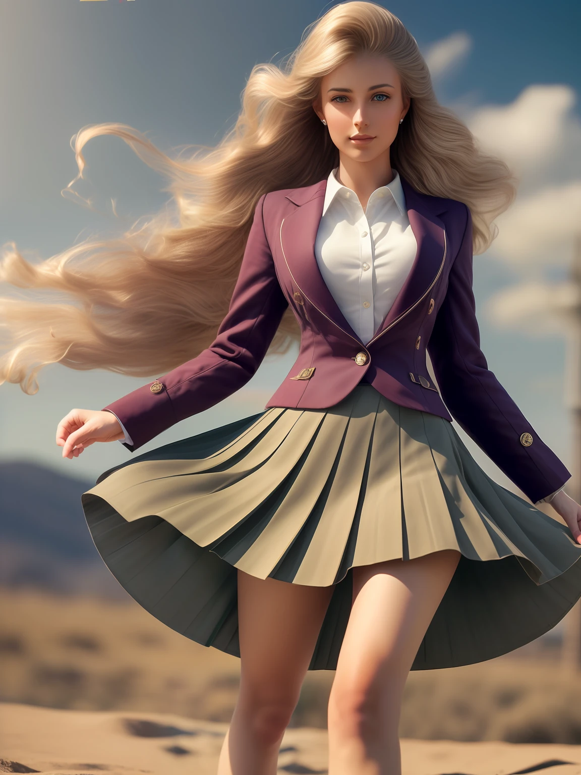 authentic (kind and tender) good woman wearing a short blazer with a very very detailed (long (fully pleated) full circle skirt) and (simple) low heeled office shoes, very very intricate hyper-detailed symmetric (attractive graceful young feminine face) with (sad, tired eyes and shy smile), full of empathy and compassion and love, (pronounced (feminine) features), (highly detailed ultra accurate realistic) hands and fingers, (windy conditions and wind blowing), epic composition, highly detailed attributes, highly detailed atmosphere, (35mm f1.4 Kodak portra 400 photograph), extremely high quality RAW photograph, detailed space operation communications background, intricate, Exquisite details and textures,