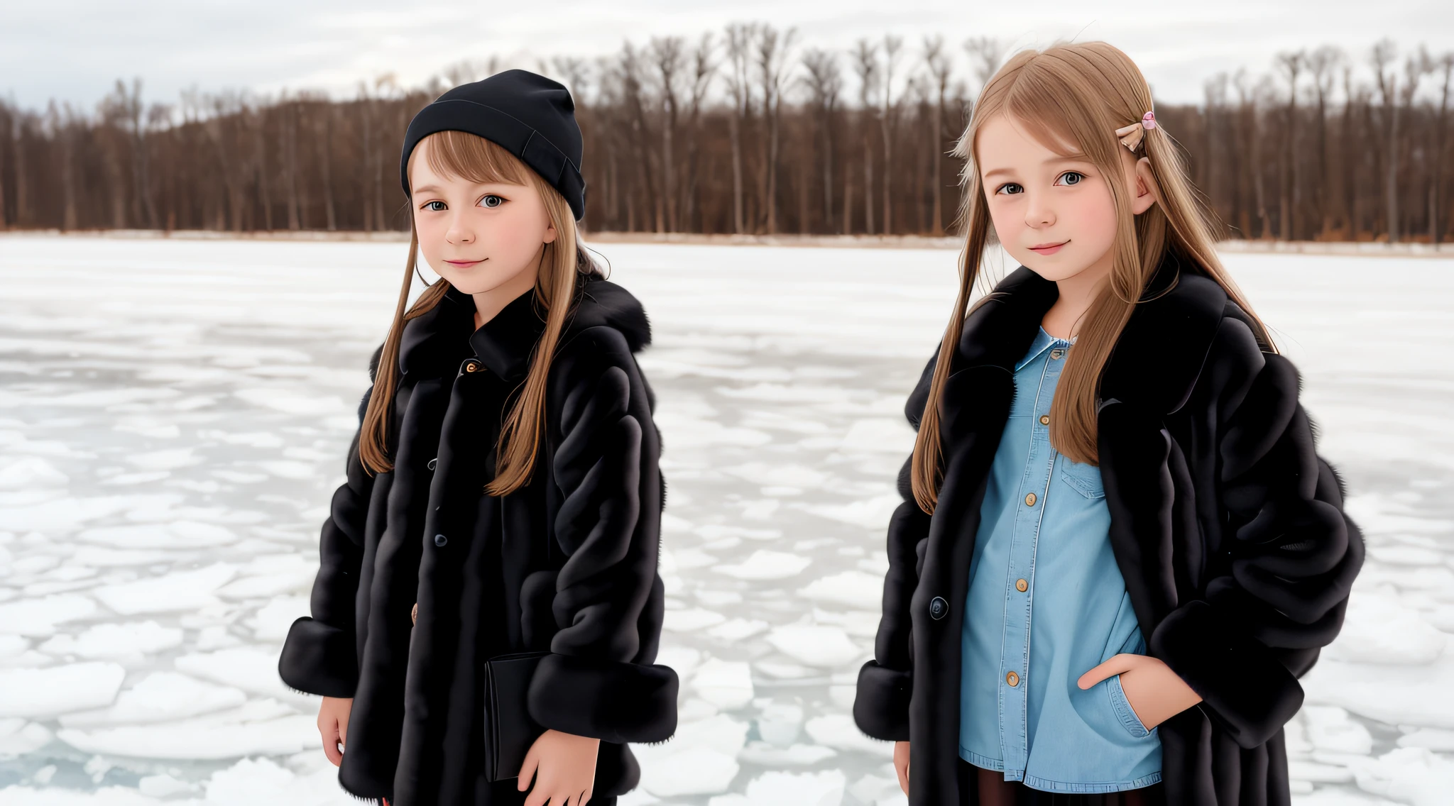 10 year old girl Russian child with long hair BLONDE, PORTRAIT, BLACK FUR COAT, ICE, ICE, LOTS OF ICE,