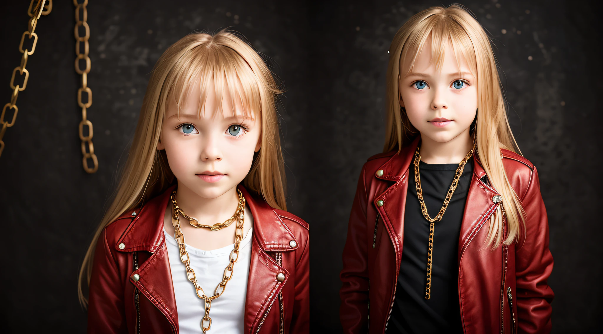  girl Russian child with hair BLONDE WITH RED LEATHER JACKET, PORTRAIT, CHAINS, MANY CHAINS, RED CHAINS, CHAINS.