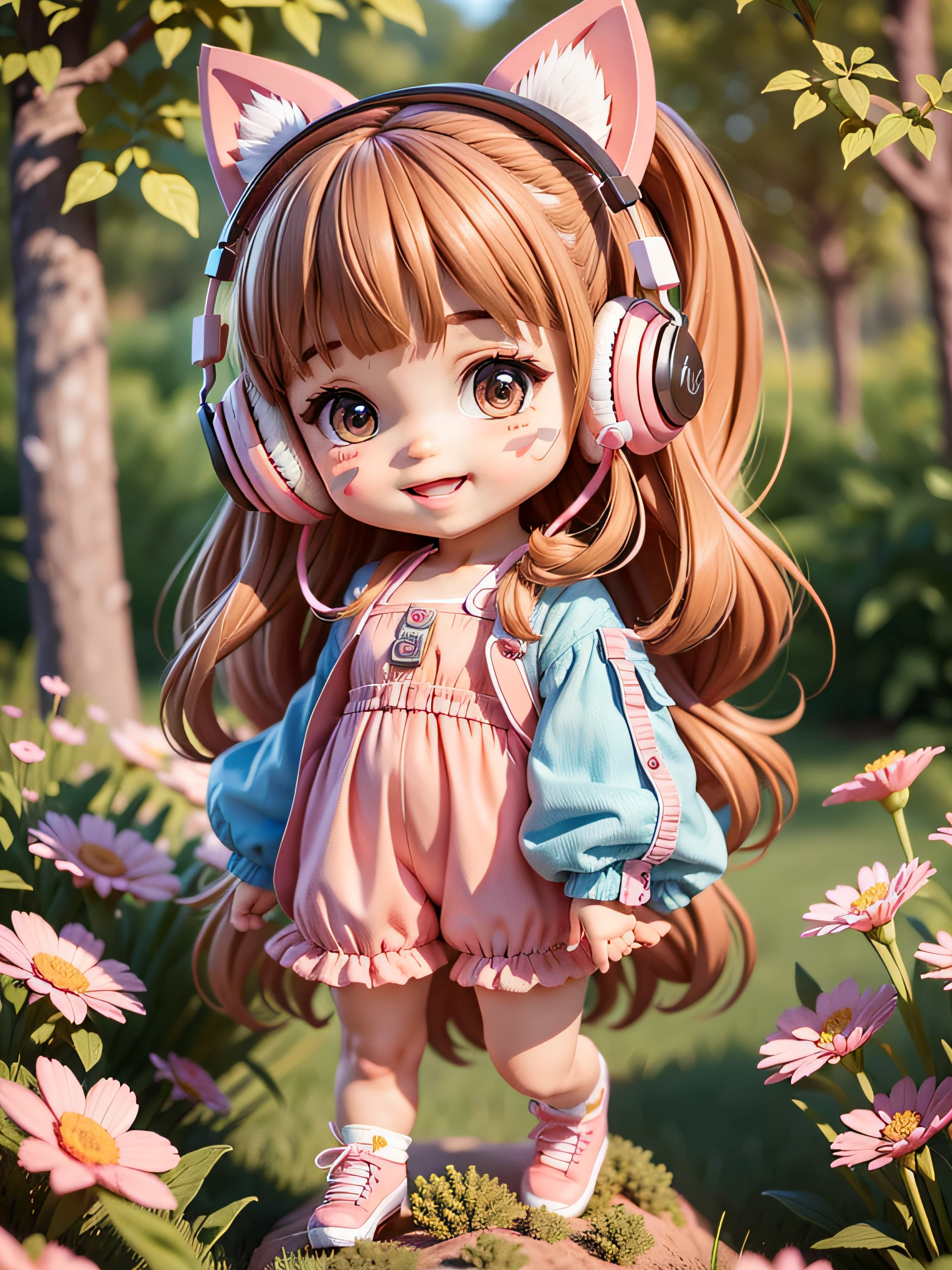 (masterpiece), (best quality), (ultra-detailed), (full body: 1.2), 1 girl, chibi, cute, smile, open mouth, flower, outdoor, playing, jacket, blush, tree, :3, shirt, short blue hair, cherry blossoms, cat eared hat, blurry, blue hair, blush stickers, long sleeves, bangs, headphones,, pink flower, (beautiful and detailed face), (beautiful and detailed eyes),