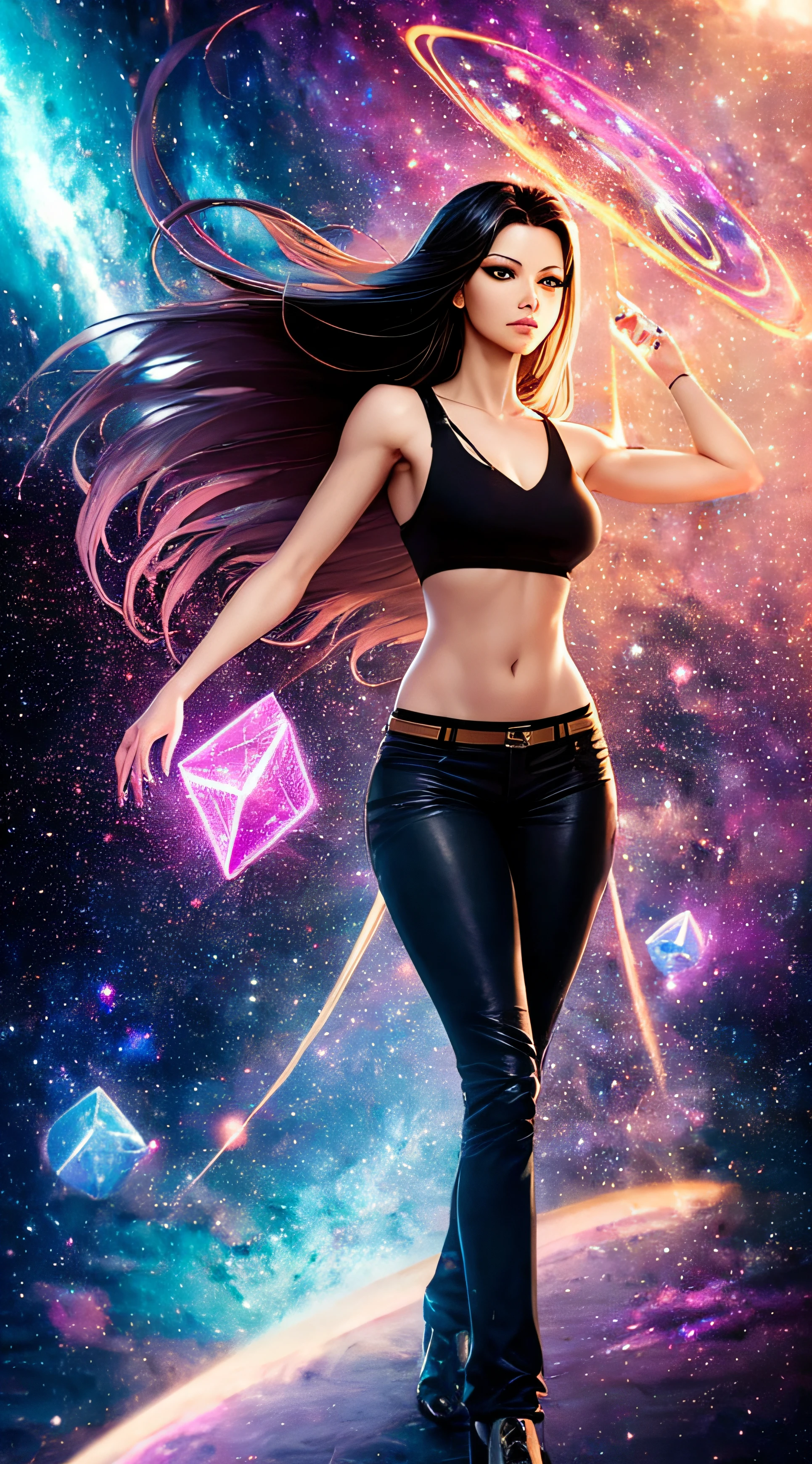(masterpiece, superior quality, best quality, official art, beautiful and aesthetic),Kelly Hu, detailed face, long black hair, full body, violet top and pants, celestial, cosmic, extremely beautiful, high detailed, (galactic in the background), light effects, more detailed, floating particles, ancient runes, geometric patterns, V0id3nergy, mana, shadows, epic atmosphere --auto