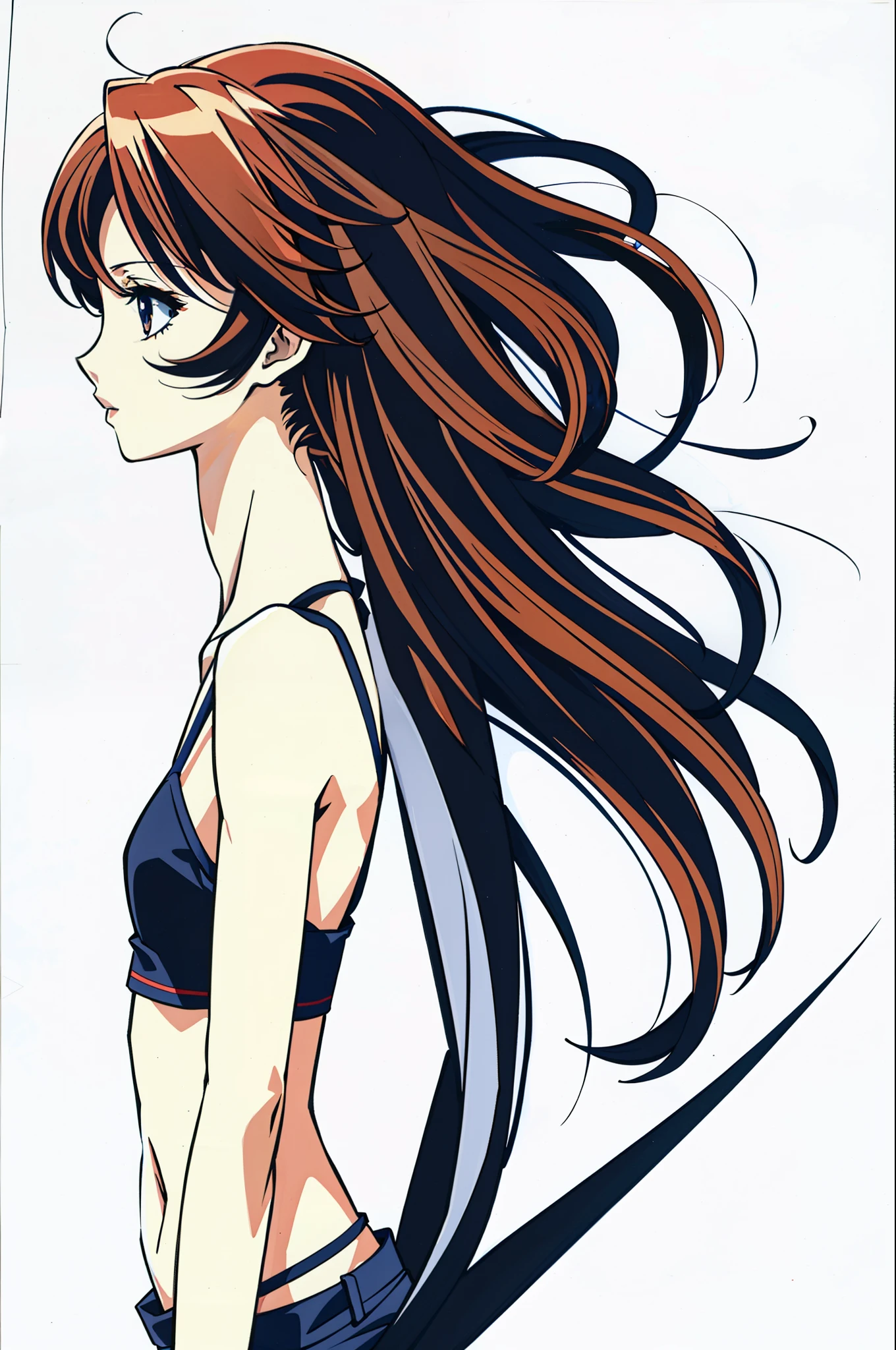 full body portrait photo, beautiful anorexic Asuka Langley, very skinny in bikini, visible bones and ribs, small flat breasts, very small waist, slender legs, beautiful face, very skinny anime girl profile, white background.