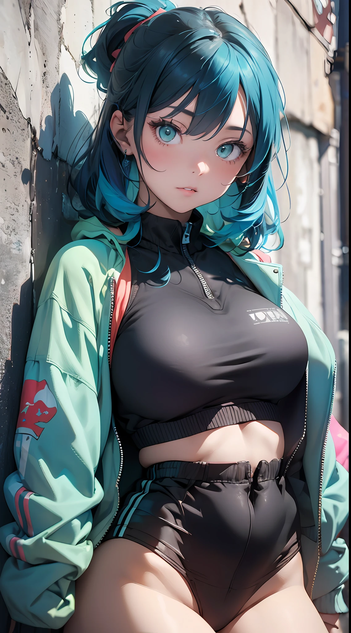 ((Best Quality)), ((Masterpiece)), ((Realistic)) and ultra-detailed photography of a 1nerdy girl with goth and neon colors. She has ((turquoise hair)), wears a techwear jacket and exudes a vibe ((beautiful and aesthetic)), , underboobs, hot
