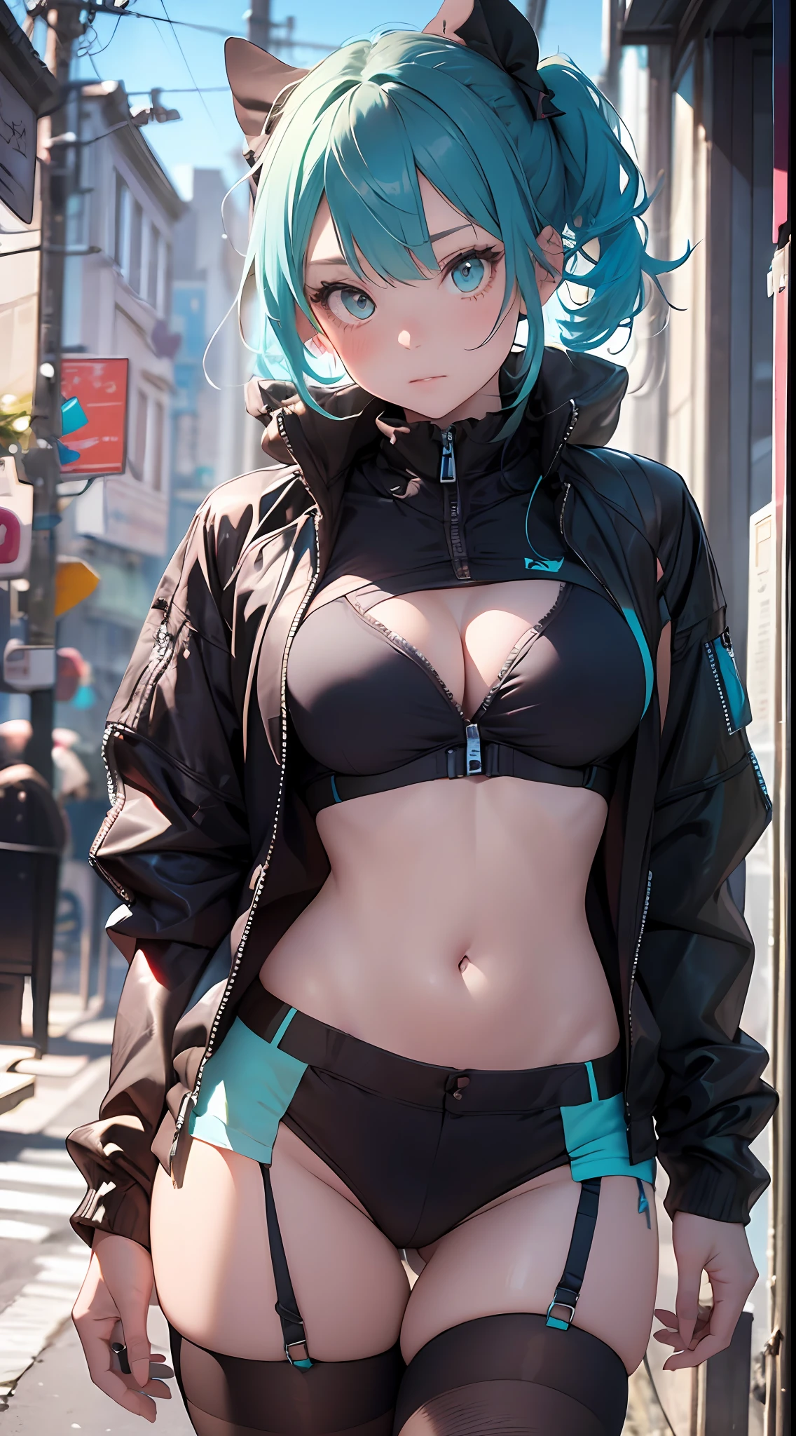 ((Best Quality)), ((Masterpiece)), ((Realistic)) and ultra-detailed photography of a 1nerdy girl with goth and neon colors. She has ((turquoise hair)), wears a techwear jacket and exudes a vibe ((beautiful and aesthetic)), sexy, underboobs, hot