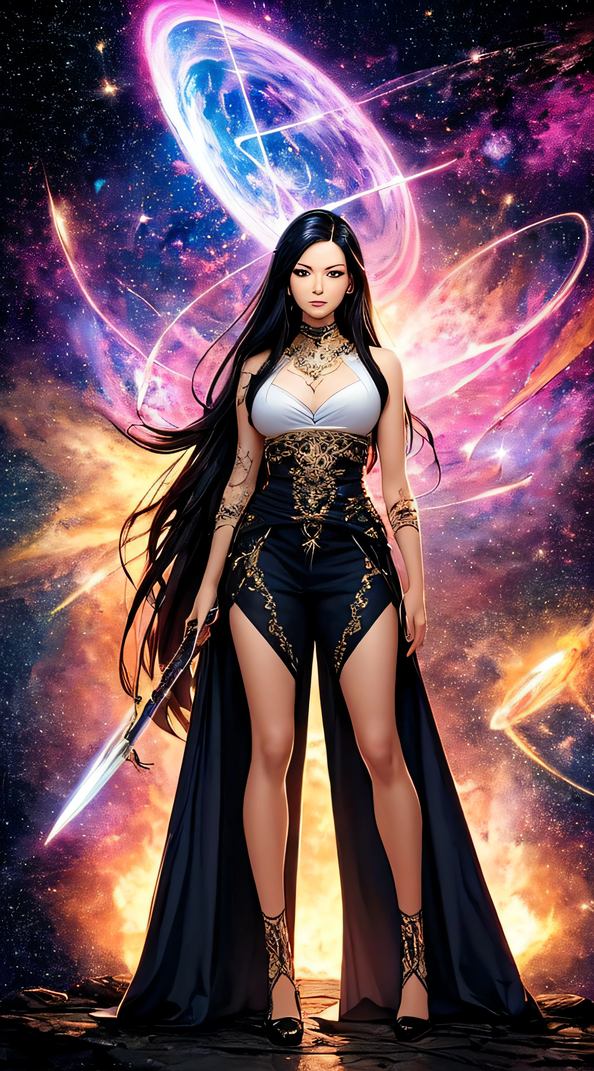(masterpiece, superior quality, best quality, official art, beautiful and aesthetic),Kelly Hu, detailed face, long black hair, full body, violet top and pants, celestial, cosmic, extremely beautiful, high detailed, (galactic in the background), light effects, more detailed, floating particles, ancient runes, geometric patterns, V0id3nergy, mana, shadows, epic atmosphere --auto