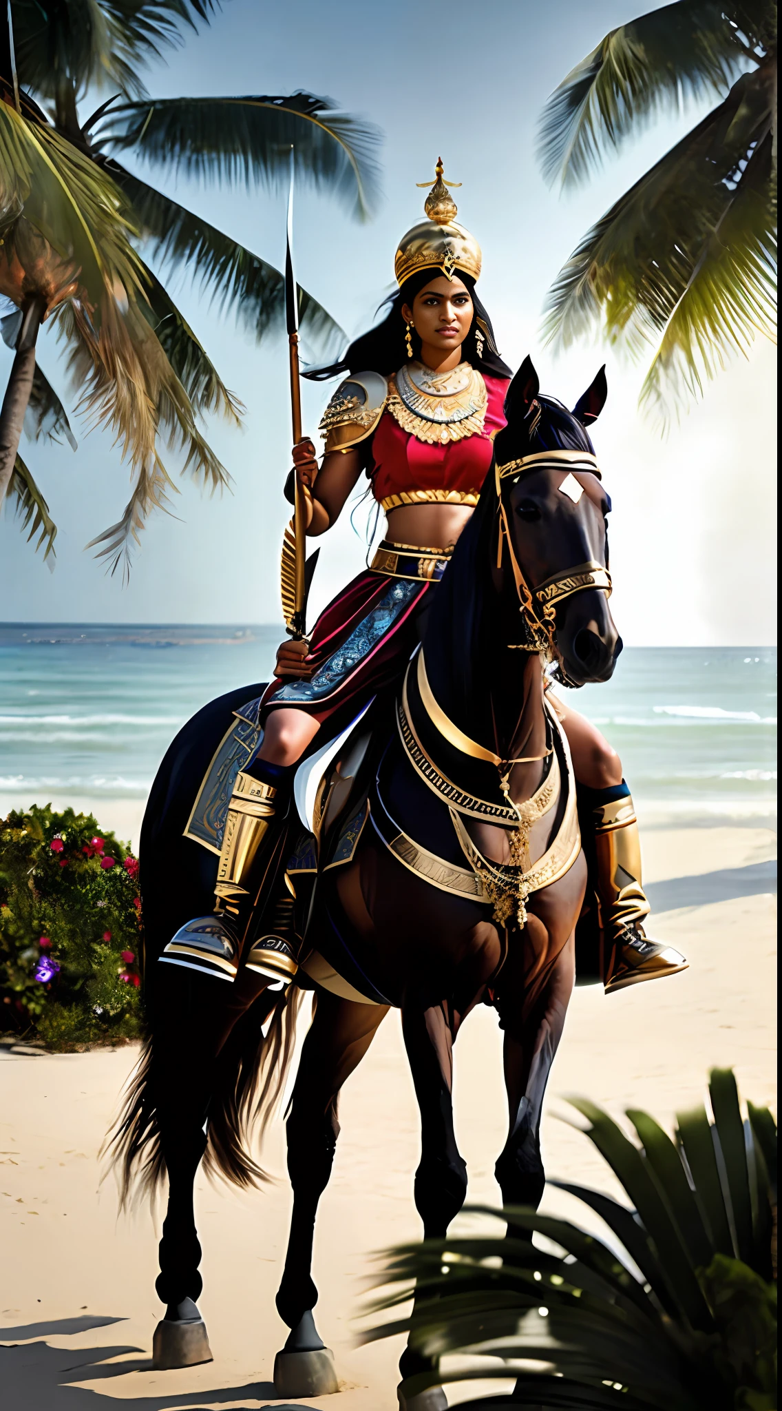 (best quality, ultra high res, CGI, official art:1.2), Warrior Queen Rani Abbakka Chowta, formidable and proud, (exquisite armor adorned with jewels:1.2), leading her valiant 16th-century Indian soldiers, armed with traditional weapons, facing off against Portuguese colonial forces, tumultuous battle scene along the Malabar Coast, detailed backdrop of palm trees and sandy beaches, HDR effect enhancing the dramatic lighting, warm colors, dark sky, mid-action, capturing the bravery and resistance.