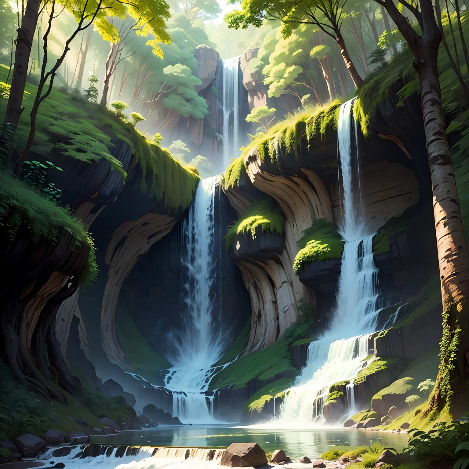 Wild Xavante India in royal forest with many trees and waterfalls, white skin, extremely long brown curly hair, huge headdress of red feathers --auto