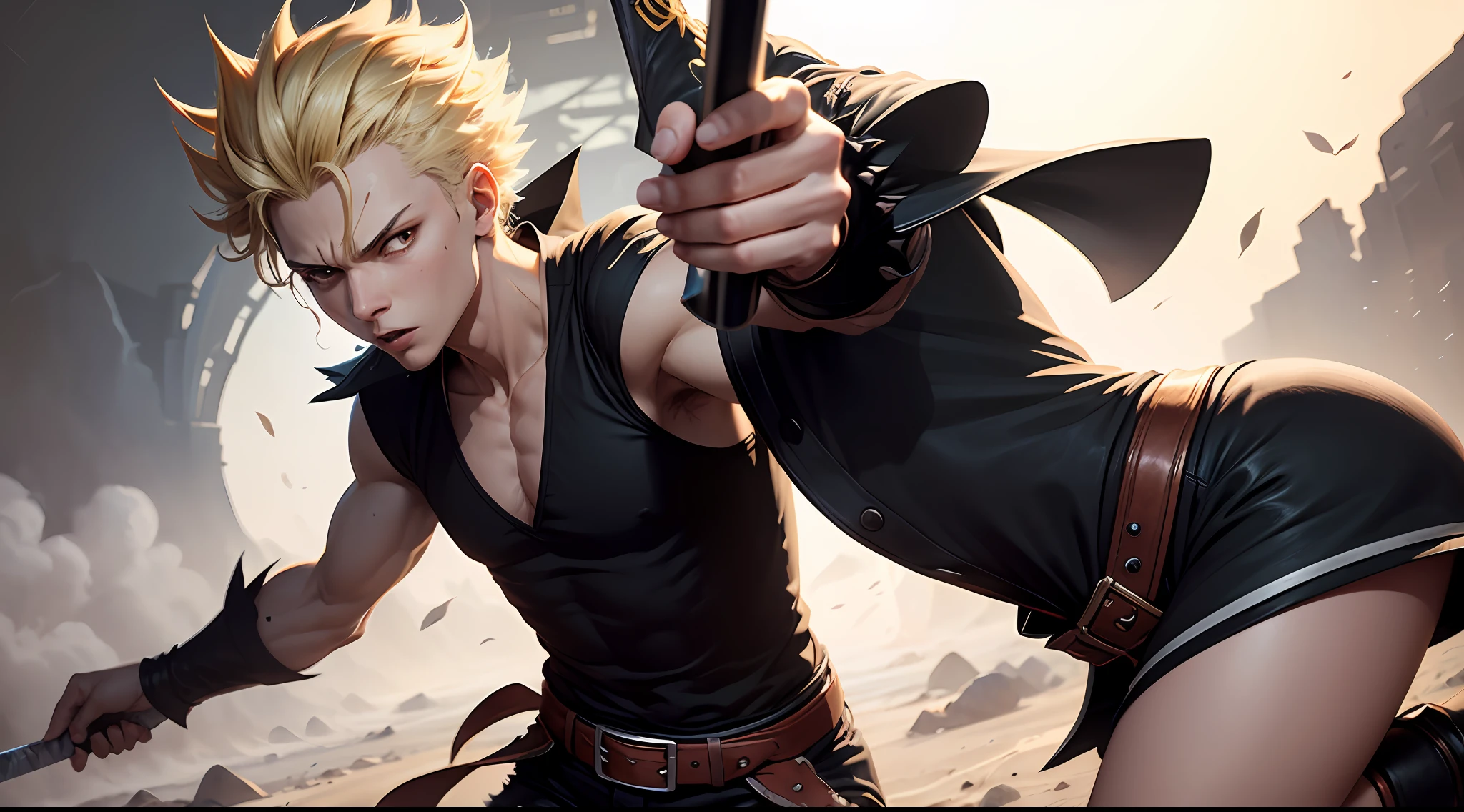 Create an AI-generated drawing of Asta, the protagonist of the anime series Black Clover. Asta has short, messy, and spiky blond hair with a distinctive black five-leaf clover-shaped grimoire on his forehead. He wears a black tunic with a white collar, a black belt, and black shorts. Asta wields a large anti-magic sword and has a determined and energetic expression. The drawing should capture his determined and resilient personality, as well as his unique appearance --auto
