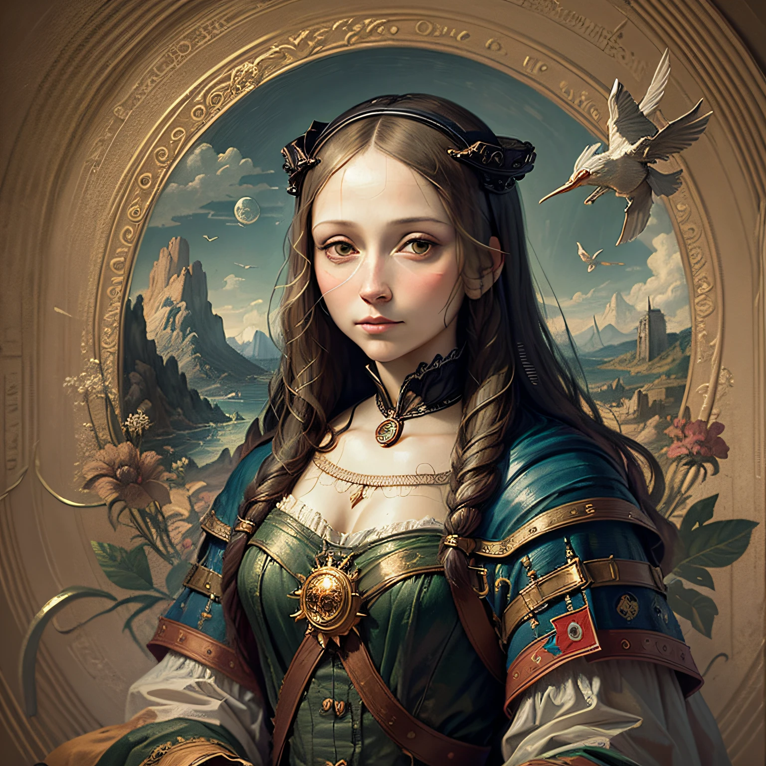 Monalisa 2023 art by Hieronymus Bosch in the anime, futuristic, sci-fi movie style:: A detailed, elegant, intricate and colorful portrait in mixed media :: A masterpiece of surreal art, a vibrant painting --auto --s2