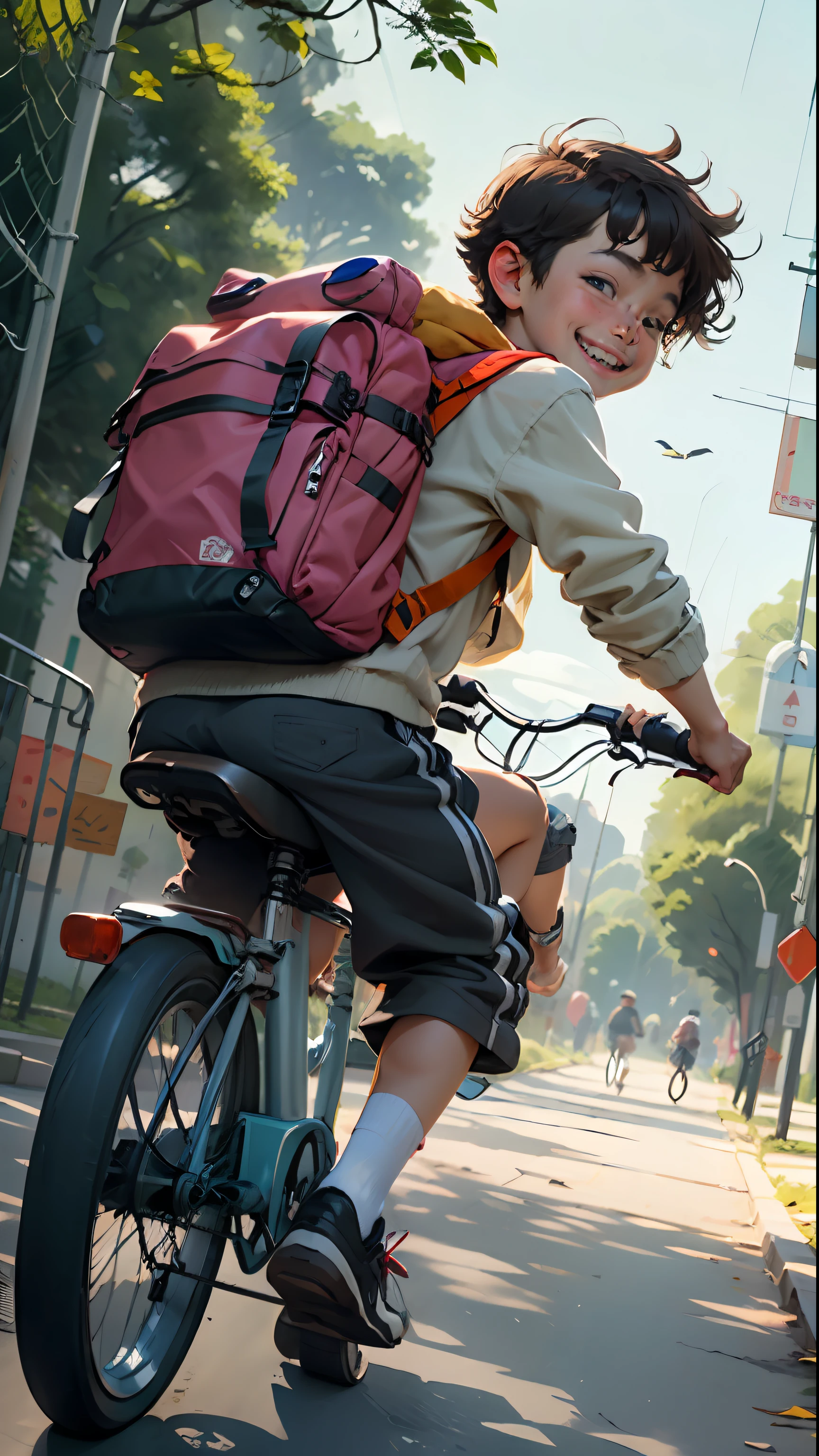 -yeld boith backpack on his back smiling riding his bike in the park