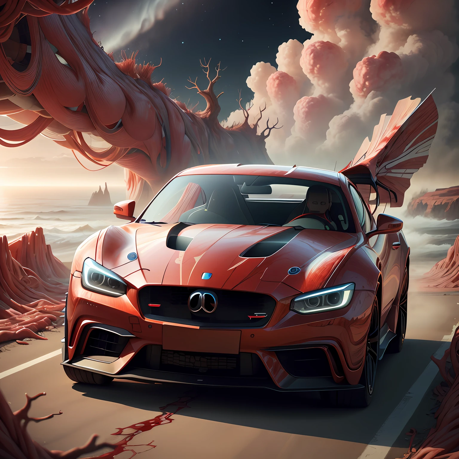 AnatomicTech ,blood vessels, scifi 
sports car, glowing , wind trail, red ocean view,