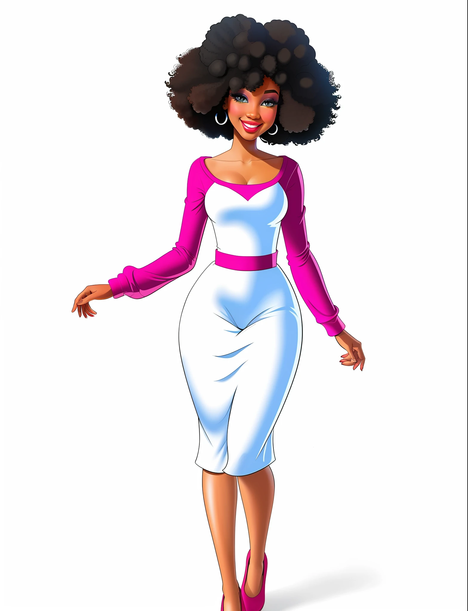 Drawing of a 20 year old black woman (curly afro hair) full body with brown cargo pants camouflage shirt, linear, contours, braided hair perfect for the page of a coloring book, (disney art style), white background red hair
