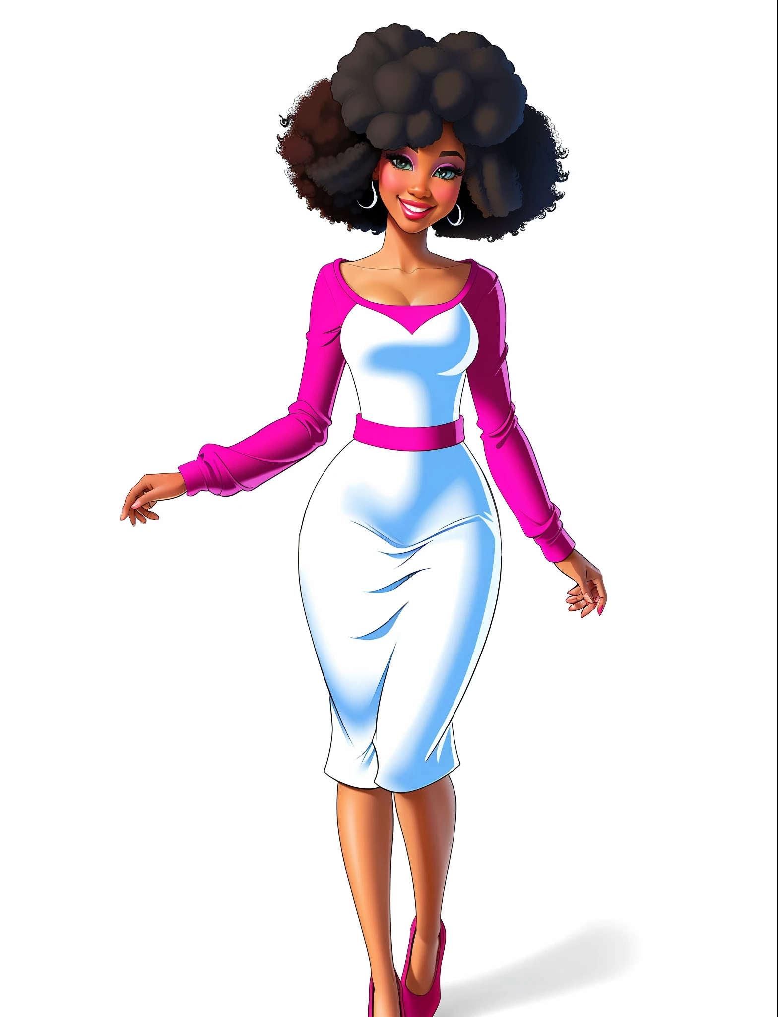 Drawing of a 20 year old black woman (curly afro hair) full body with brown cargo pants camouflage shirt, linear, contours, braided hair perfect for the page of a coloring book, (disney art style), white background red hair
