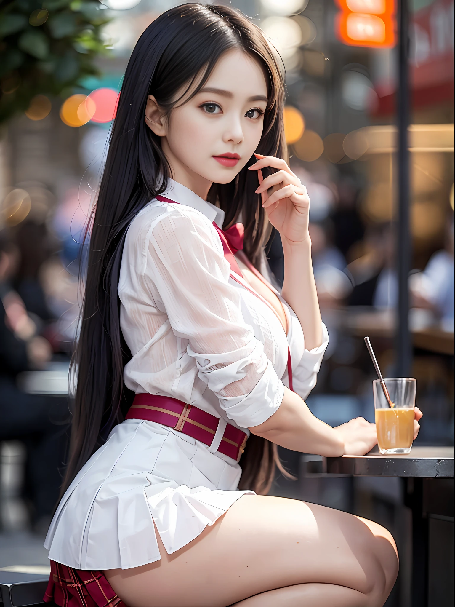 ((Best Quality, 8K, Masterpiece: 1.3)), Super Cute Beautiful Woman, 1 Girl, (Beautiful Breasts:1.3), (Abs, Slender Figure: 1.1), Sharp Focus, (((Intricate Details)), High Detail, Upper Body, One Girl, Black Straight Hair with bangs, Japan Schoolgirl Uniform, White collard shirt, red blazer, white Pleats Skirt, knee-length skirt, 8K, 8K Resolution, clean detailed face, Detailed Body, Detailed Clothes, Sharp Images, Japan Anime Concept Art, trending on Pixiv, looking the viewer, facing the viewer, seductive model pose, seductive smile, pink lipstick, bokeh, field of depth, 8 life size, 8k resolution, upper body image, shot on EOS 5D Mark IV, 35mm lens, f1.8, from side, night Paris Cafe background,