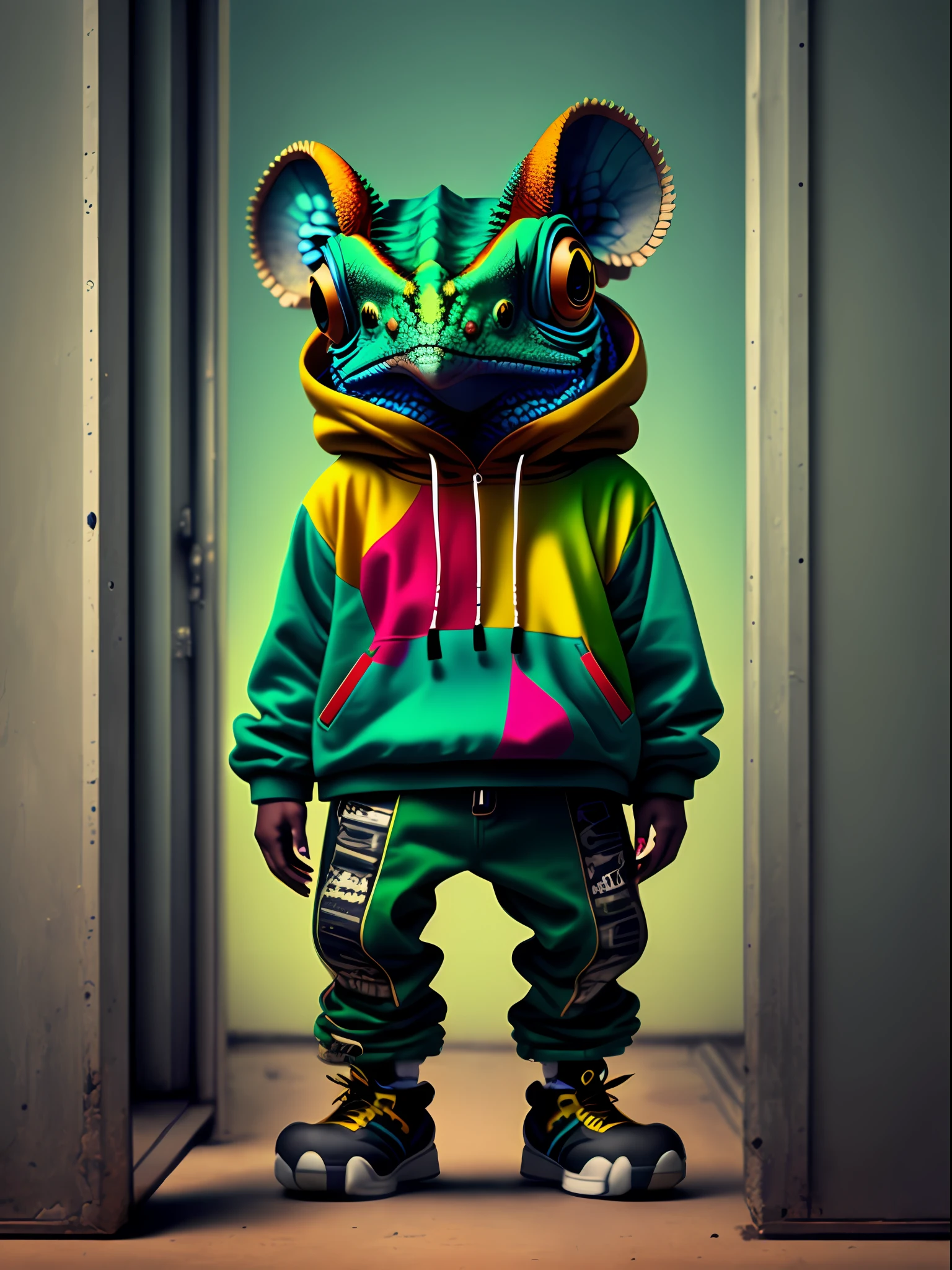 Image of a chameleon standing, wearing hip-hop style clothes, speakers, 90s style