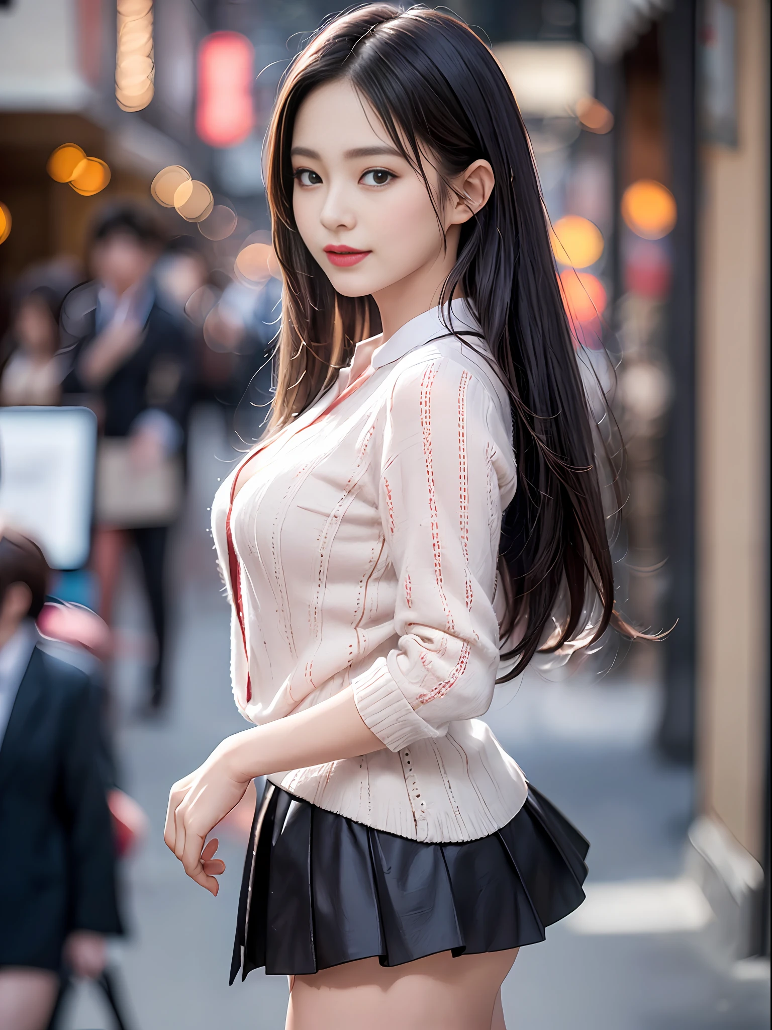 ((Best Quality, 8K, Masterpiece: 1.3)), Super Cute Beautiful Woman, 1 Girl, (Beautiful Breasts:1.3), (Abs, Slender Figure: 1.1), Sharp Focus, (((Intricate Details)), High Detail, Upper Body, One Girl, Black Straight Hair with bangs, Japan Schoolgirl Uniform, White collard shirt, red blazer, white Pleats Skirt, knee-length skirt, 8K, 8K Resolution, clean detailed face, Detailed Body, Detailed Clothes, Sharp Images, Japan Anime Concept Art, trending on Pixiv, looking the viewer, facing the viewer, seductive model pose, seductive smile, pink lipstick, bokeh, field of depth, 8 life size, 8k resolution, upper body image, shot on EOS 5D Mark IV, 35mm lens, f1.8, from side, night Paris Cafe background,
