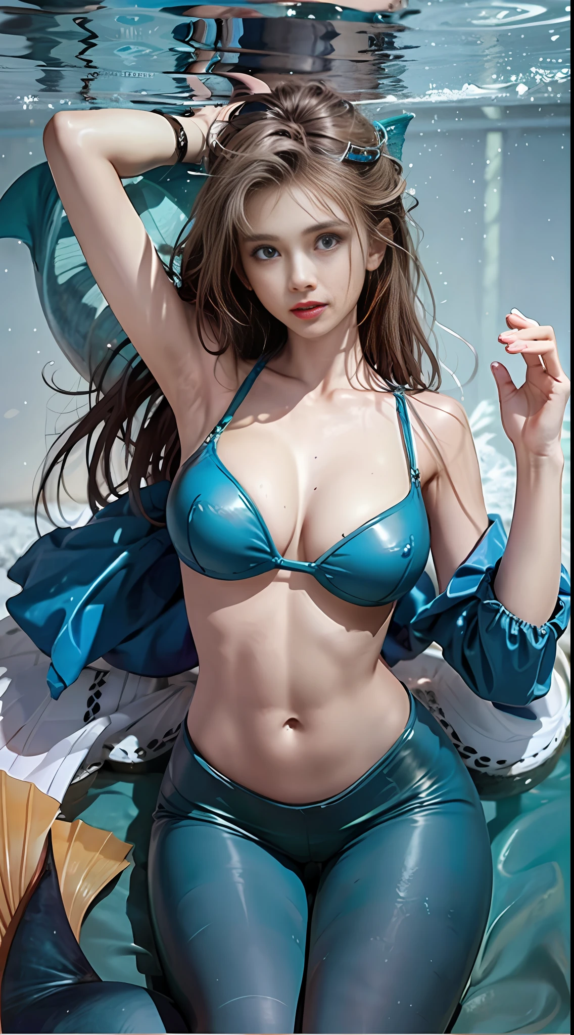 Deep Sea Mermaid. Use bright colors, unique shapes, and fun textures, mermaid fin:1.2, beautiful hands, fit upper body, lean girl