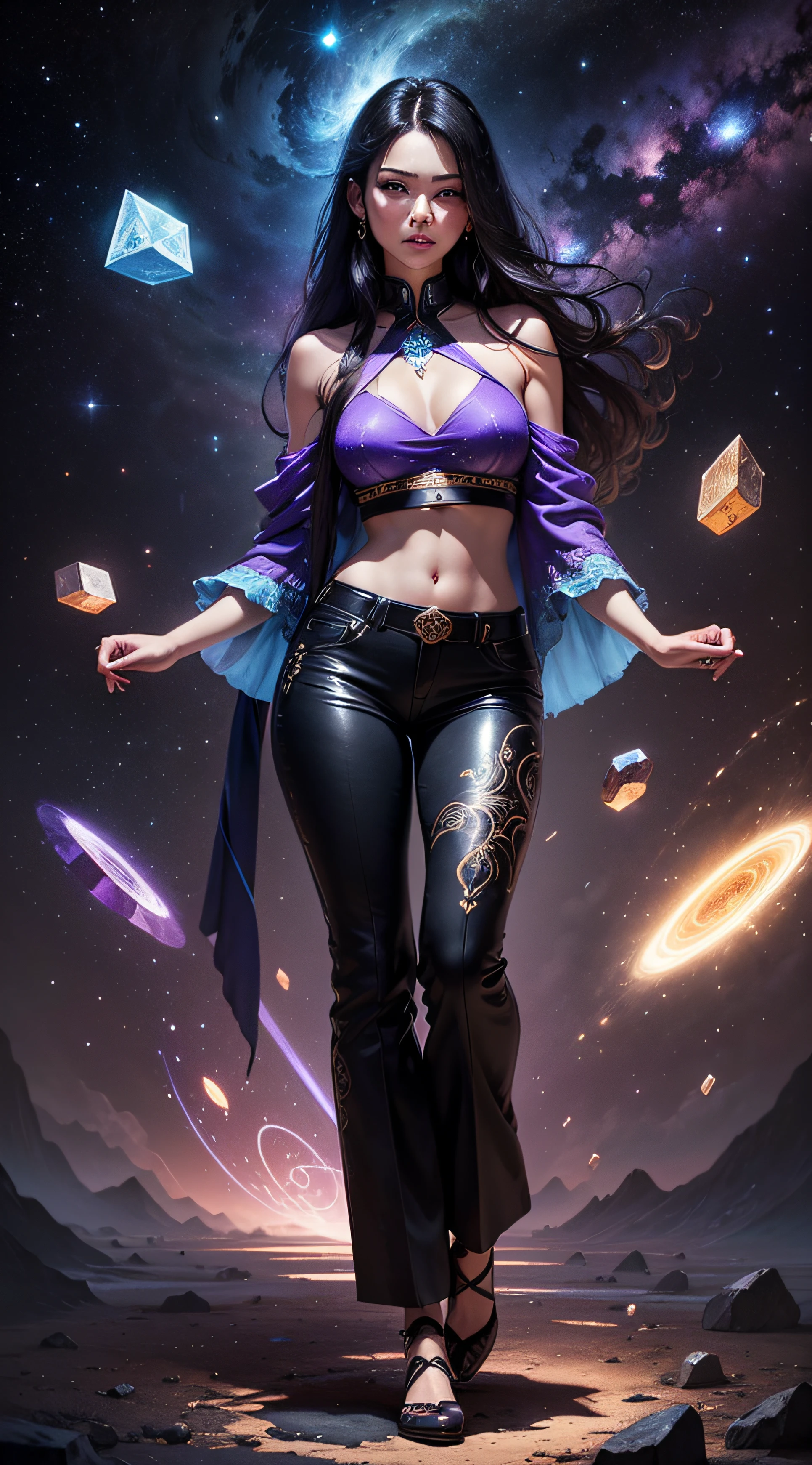 (masterpiece, superior quality, best quality, official art, beautiful and aesthetic),Kelly Hu, detailed face, long black hair, full body, violet top and pants, celestial, cosmic, extremely beautiful, high detailed, (galactic in the background), light effects, more detailed, floating particles, ancient runes, geometric patterns, V0id3nergy, mana, shadows, epic atmosphere --auto