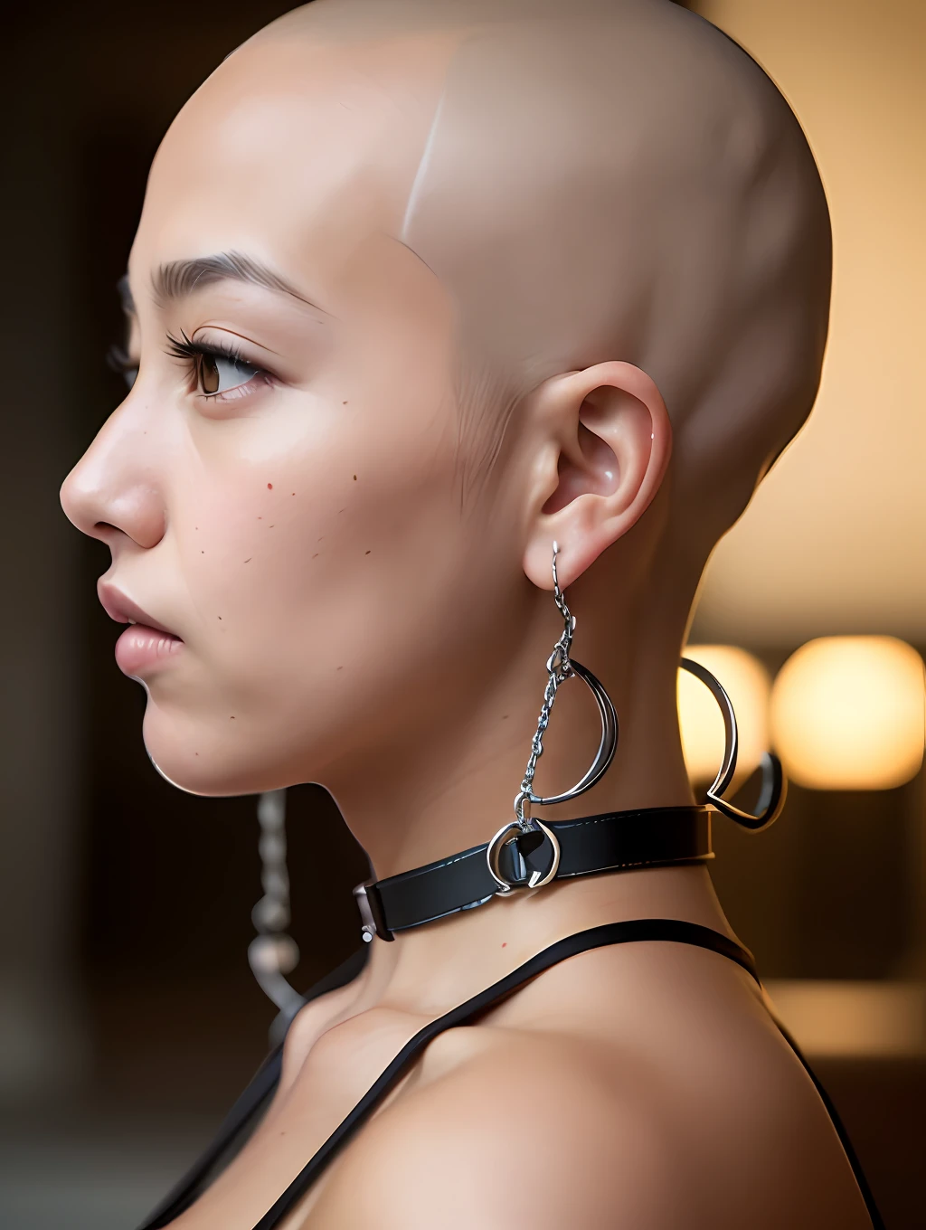 ((Hairstyle is shaved head, skinhead)), (Japan female), age 40 years old, 8K, photorealism, portrait, 85mm lens, depth of field, skin luster is delicate, eyes are brown, big pupils, eyes are raised, eyes are slightly separated, lips are plump, chubby, (Yuko Oshima), black corset, Earlobe to nose with a chain, wearing a large dog collar, professional-level lighting, (profile)