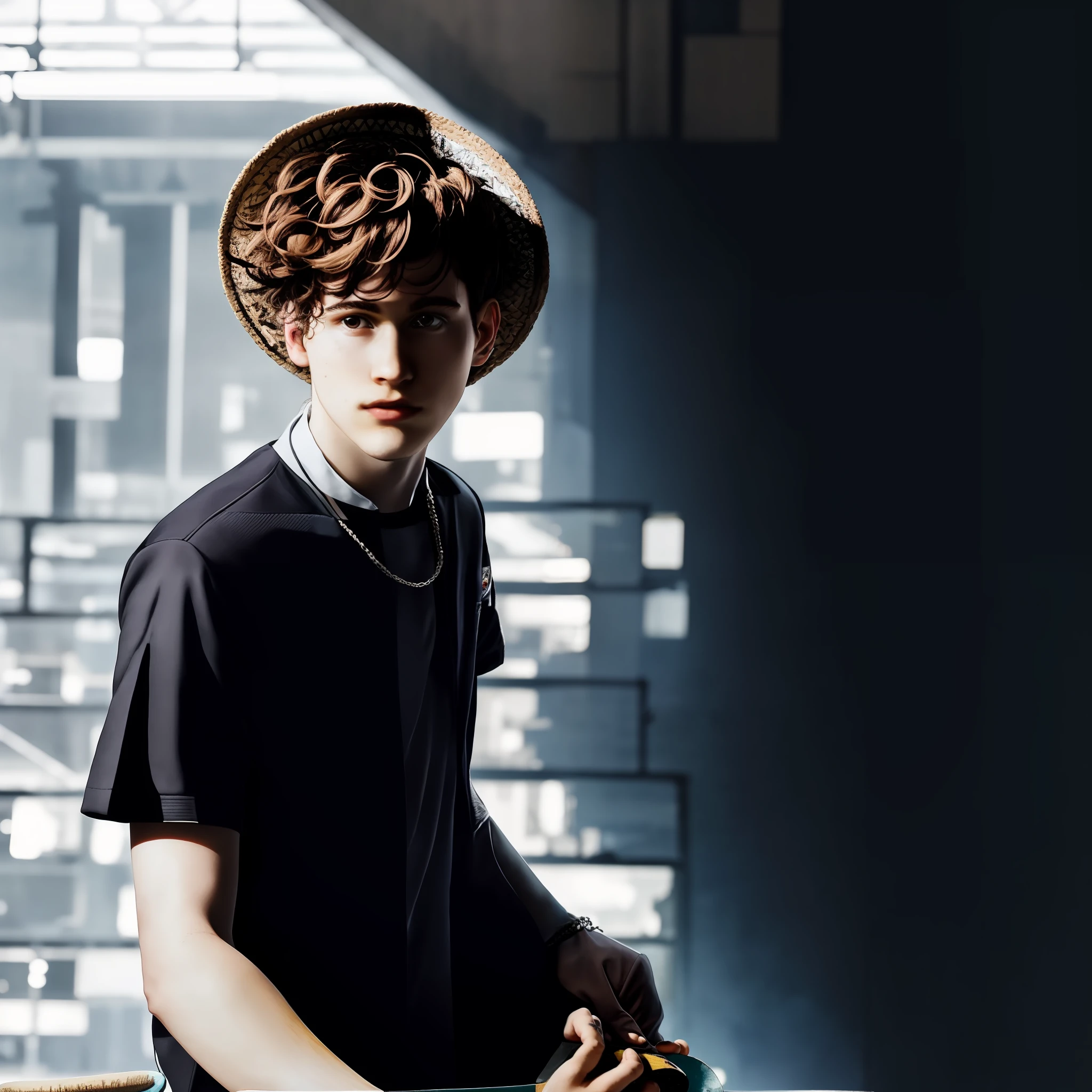 there is a young man wearing a hat and holding a skateboard, in front of white back drop, portrait of 1 5 - - old , photoshoot, he has short curly brown hair, male teenager, inspired by John Luke, portrait of 14 yearigh quality portrait, photo shoot, photoshoot portrait, promo still, he is wearing a hat