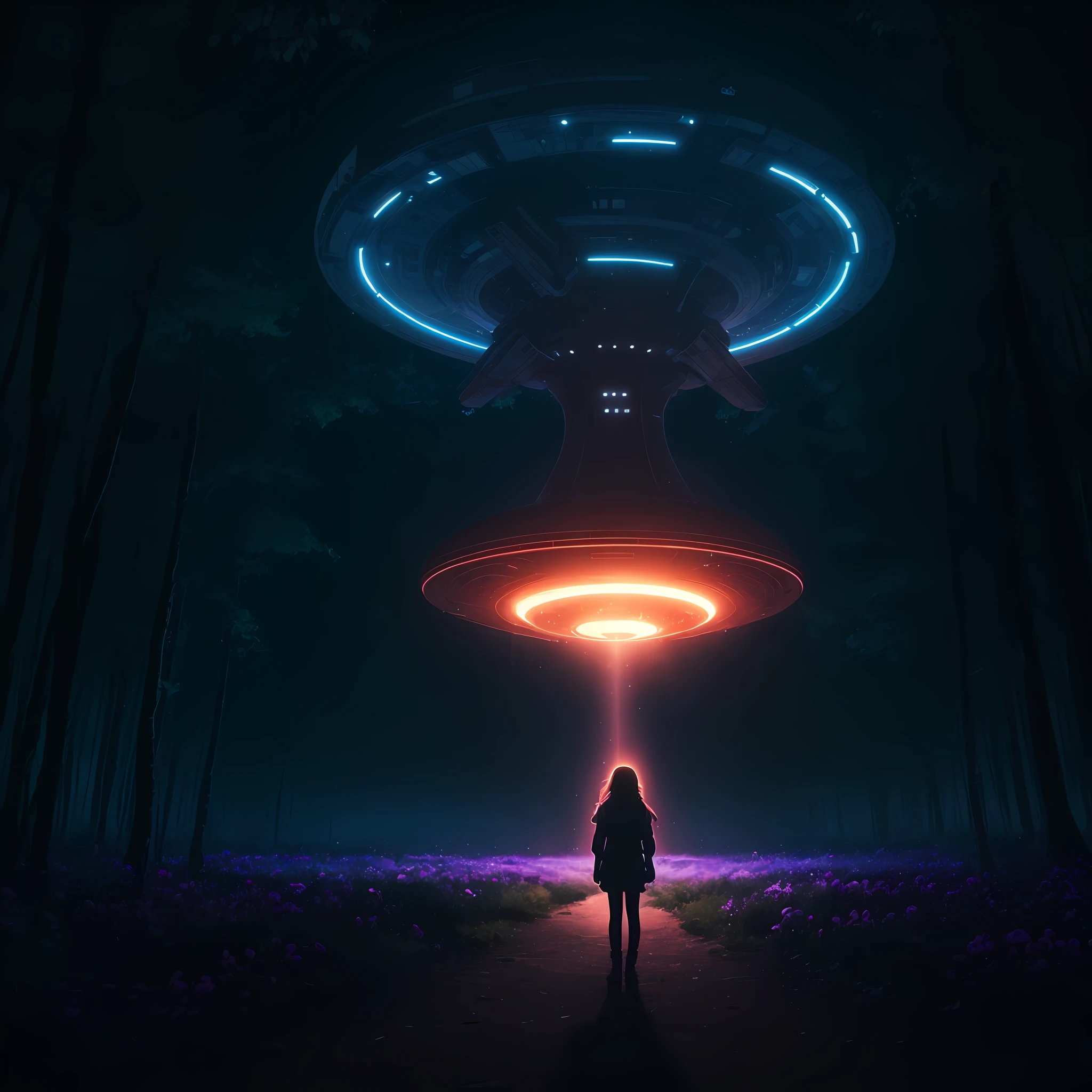 There's a girl in the middle of a forest at night being abducted by a gigantic alienship in the sky, center align composition, neon lights, Lens Burn, chromatic freak, 8K resolution, ultra-realistic, perfect shading, real camera lens, foundfootage --auto