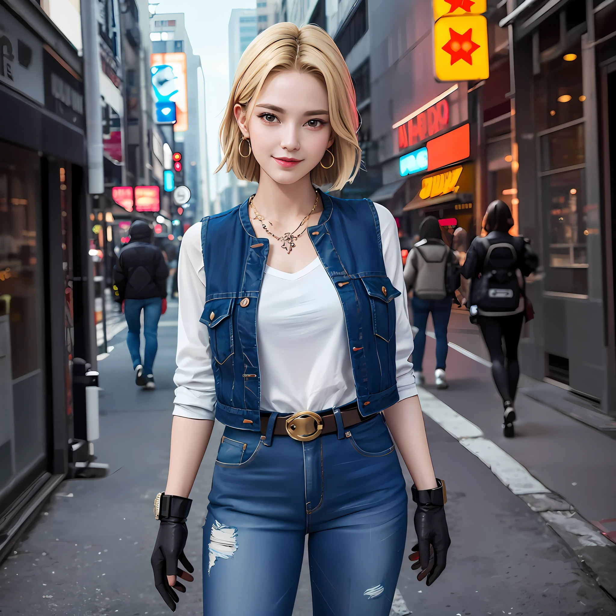 blond woman in a white shirt and blue jean jacket and black gloves, korean women's fashion model, anime girl in real life, shot on canon eos r 5, shot on canon eos r5, inspired by Leng Mei, as overwatch character, realistic anime 3 d style, roseanne park of blackpink, 8k artgerm bokeh, shot on nikon z9