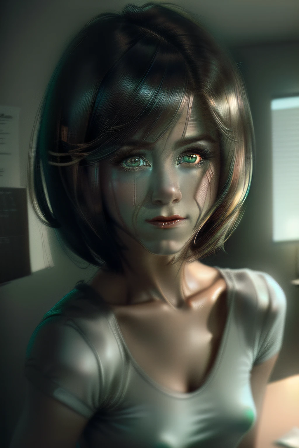 ((masterpiece)), (((best quality))), ((ultra detailed)), UHD, 8K, (((high resolution))), ((illustration)), ((semi-realistic)), (reflections), sharp focus, front lighting, intense shadows, ((beautiful extremely detailed eyes)), (extremely detailed and realistic skin texture)), ((extremely detailed and realistic eye texture)), (((insidious sly anticipatory look)), (cute beautiful girl), green eyes, (office shirt), (dark hair), short hair, bangs long, hair between eyes, (cinematic), realistic, (grunge style), ((right face beautiful ultra-detailed)) Jennifer Aniston