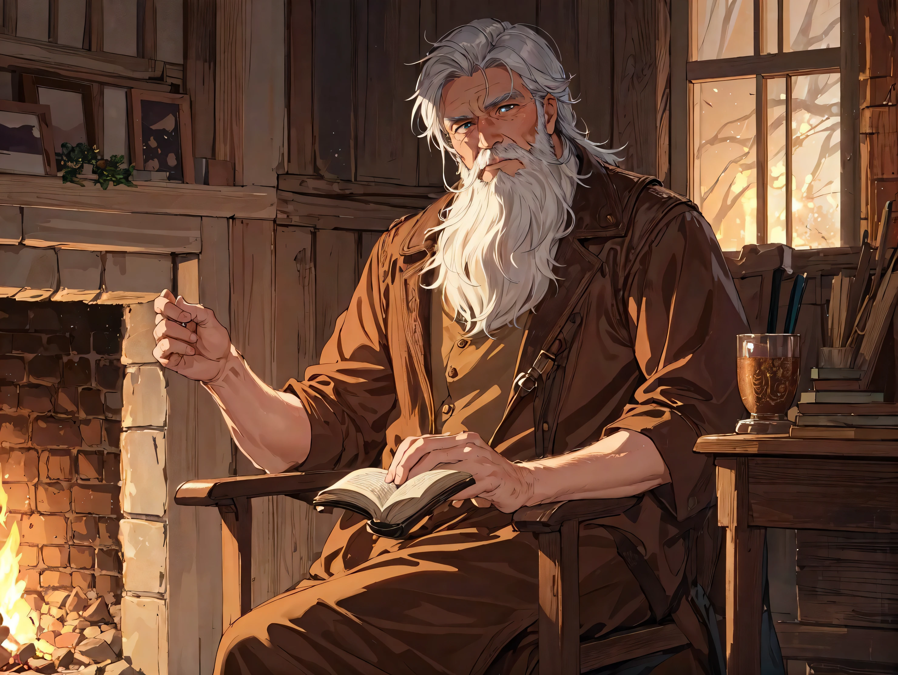 A close-up portrait of a wise-looking elder with a long white beard and kind, twinkling eyes. He is seated in a wooden chair with intricate carvings, with a leather-bound book resting on his lap. His hands are clasped together, and he seems lost in thought. In the background, there is a rustic stone fireplace with a roaring fire, casting a warm glow over the scene. The lighting is soft and warm, accentuating the gentle lines on his face. The overall emotion conveyed should be one of wisdom, serenity, and quiet contemplation.