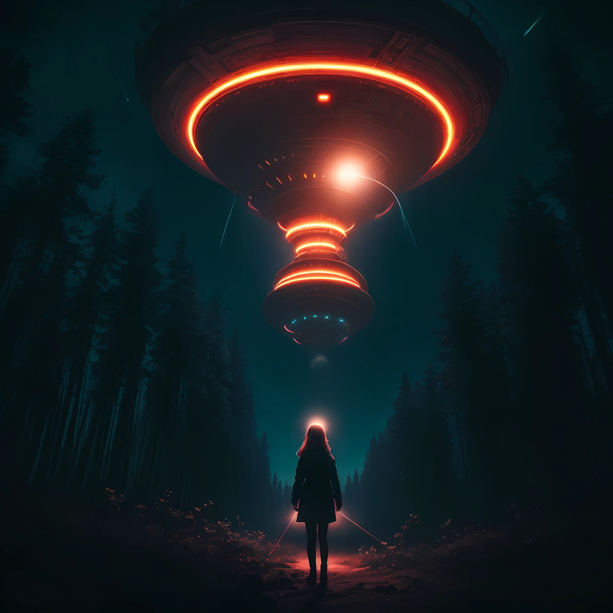 There's a girl in the middle of a forest at night being abducted by a gigantic alienship in the sky, center align composition, neon lights, Lens Burn, chromatic freak, 8K resolution, ultra-realistic, perfect shading, real camera lens, foundfootage --auto