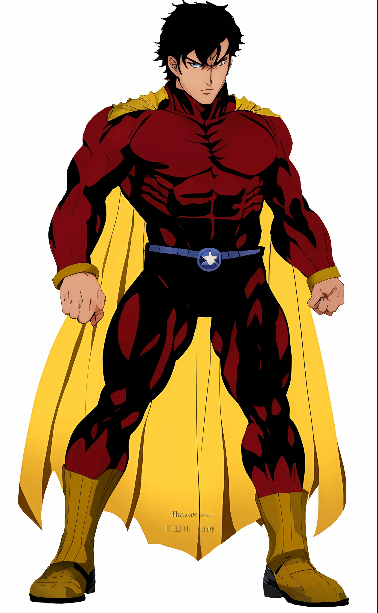 (Our hero: "anime_hero, black hair, blue eyes, yellow and red hero costume"), vibrant anime style, fast-paced action, bold colors, epic explosions, breathtaking combat scenes, inspired by Marvel Comics, superhuman powers, exciting plot.