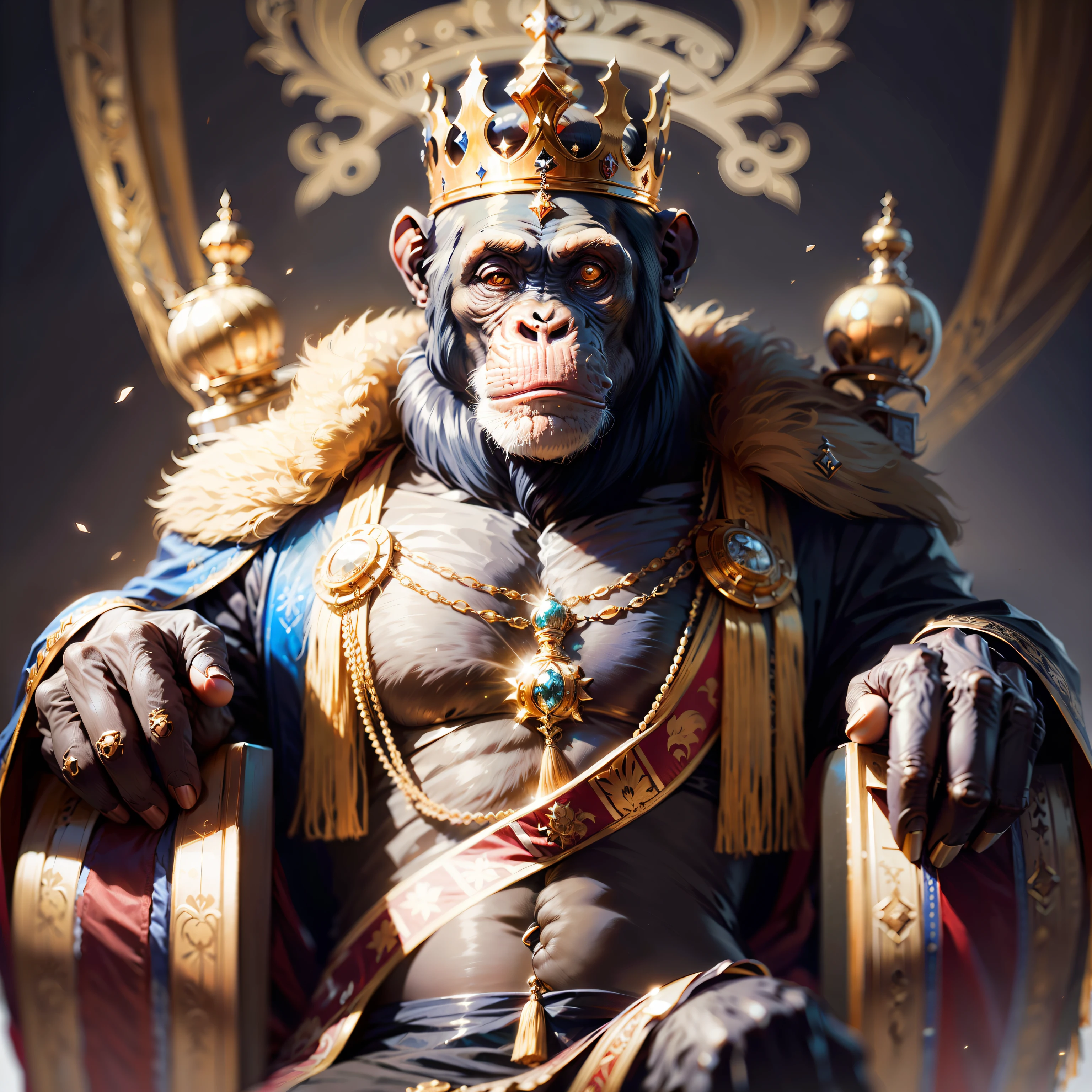 Chimpanzee king,,((elegant)),, sovereign, spiritual, confident, with crown and highly detailed props, black background, facing the camera,, masterpiece,,((masterpiece))