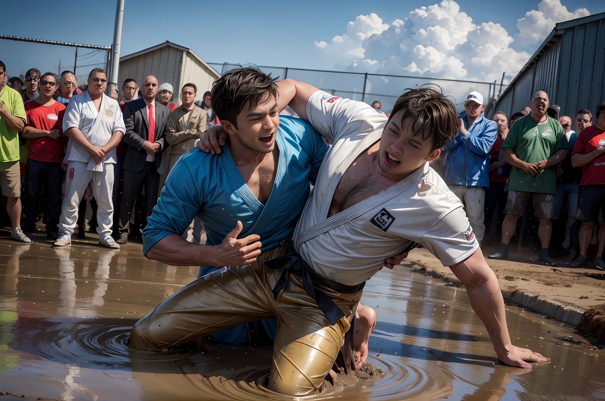 best quality, masterpiece, photo realism, 2 ((fat)) men fighting in the mud, wearing judo costumes, mud fight, in a waste dump, cheering crowd in the back, complex stuff around, sky, natural lighting, high res, wide depth of field,