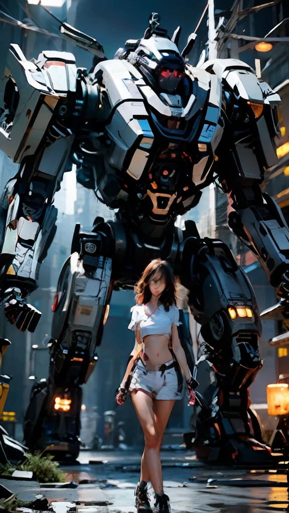 ((masterpiece, best quality)),illustration,ultra detailed 8k,photorealistic,sharp focus,highly detailed,professional lighting,colorful details,iridescent colors BREAK extreme long shot of a factory,large mechanical robot construction,microchip,computer,glowing,intricate details,shitu-mecha,1girl is standing in front of the audience,Navel