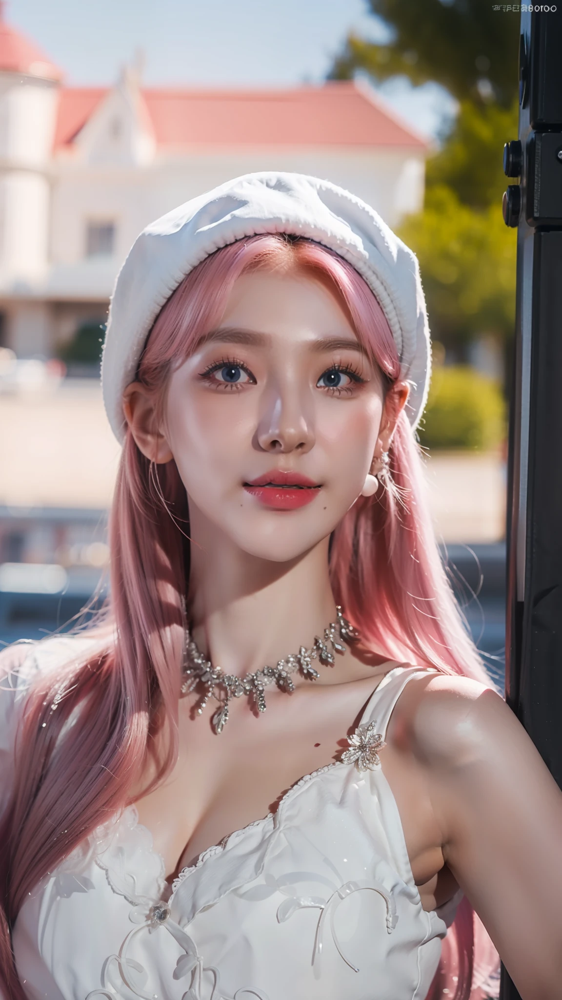 Best quality, super high resolution, (realism: 1.9), (beautiful girl: 1.4), (medium breasts: 0.8), looking_at_viewer, detailed facial details, beautiful detailed eyes, pink hair, blue eyes, slim, unforgettable smile, (makeup: 0.4), red lips, very detailed clothes, (ulzzang-6500-v1.1: 0.3)