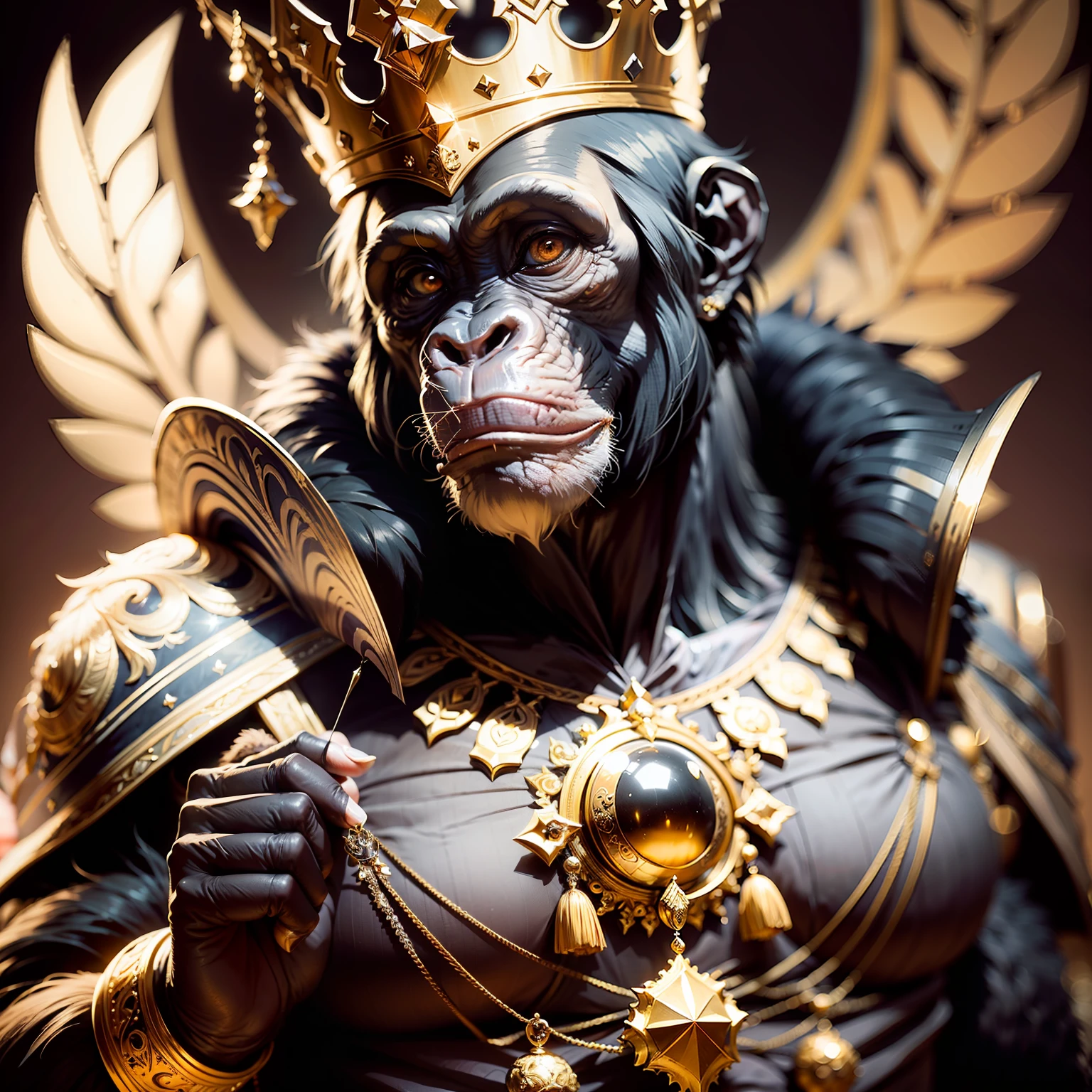 Chimpanzee king,,((elegant)),, sovereign, spiritual, confident, with crown and highly detailed props, black background, facing the camera,, masterpiece,,((masterpiece))