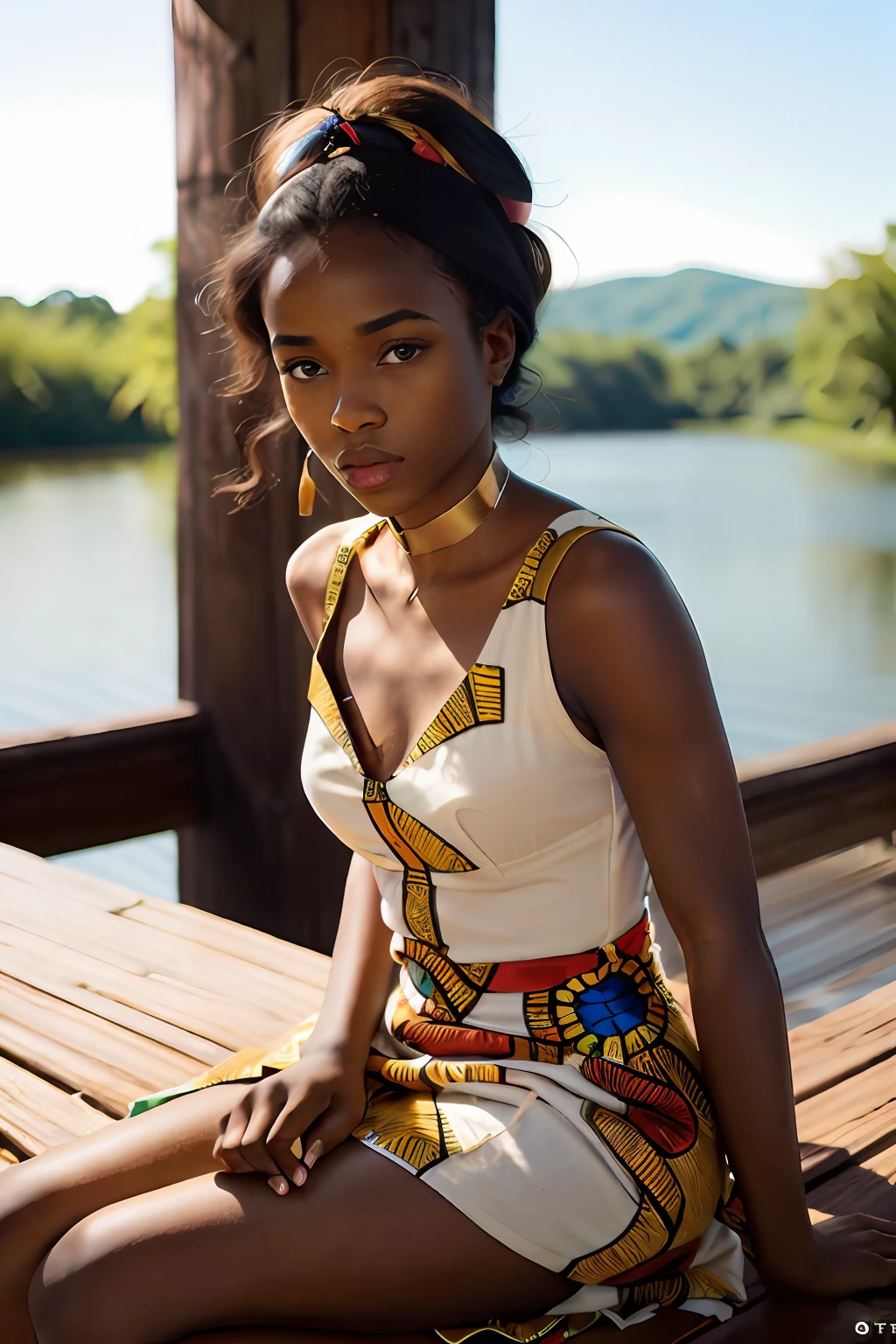 (((very colorful))) ((hyper realistic)) full torso photograph of a young 24 year old (((African woman))) in a flowery silky richly textured short gold buttoned dress with thigh length slit lounging in a beautiful (richly decorated) gazebo by a lush blue lake on a pleasant day subject between the sun and photographer, bright sunny, raw, greatness, indie, and full of magical nature activity, brightly magically lit, shot with professional lenses, panavision motion still, hyper detailed textures, Kodak Portra 400 film, ((35 mm lens)), with double exposure and long exposure techniques and light leaks, (((60s retro vibes))), afro-creative — David Fincher, Emmanuel Lubezki, Gordon Parks, Daido Moriyama, Akinbode Akinbiyi, (((Hasselblad))) (backlighting)