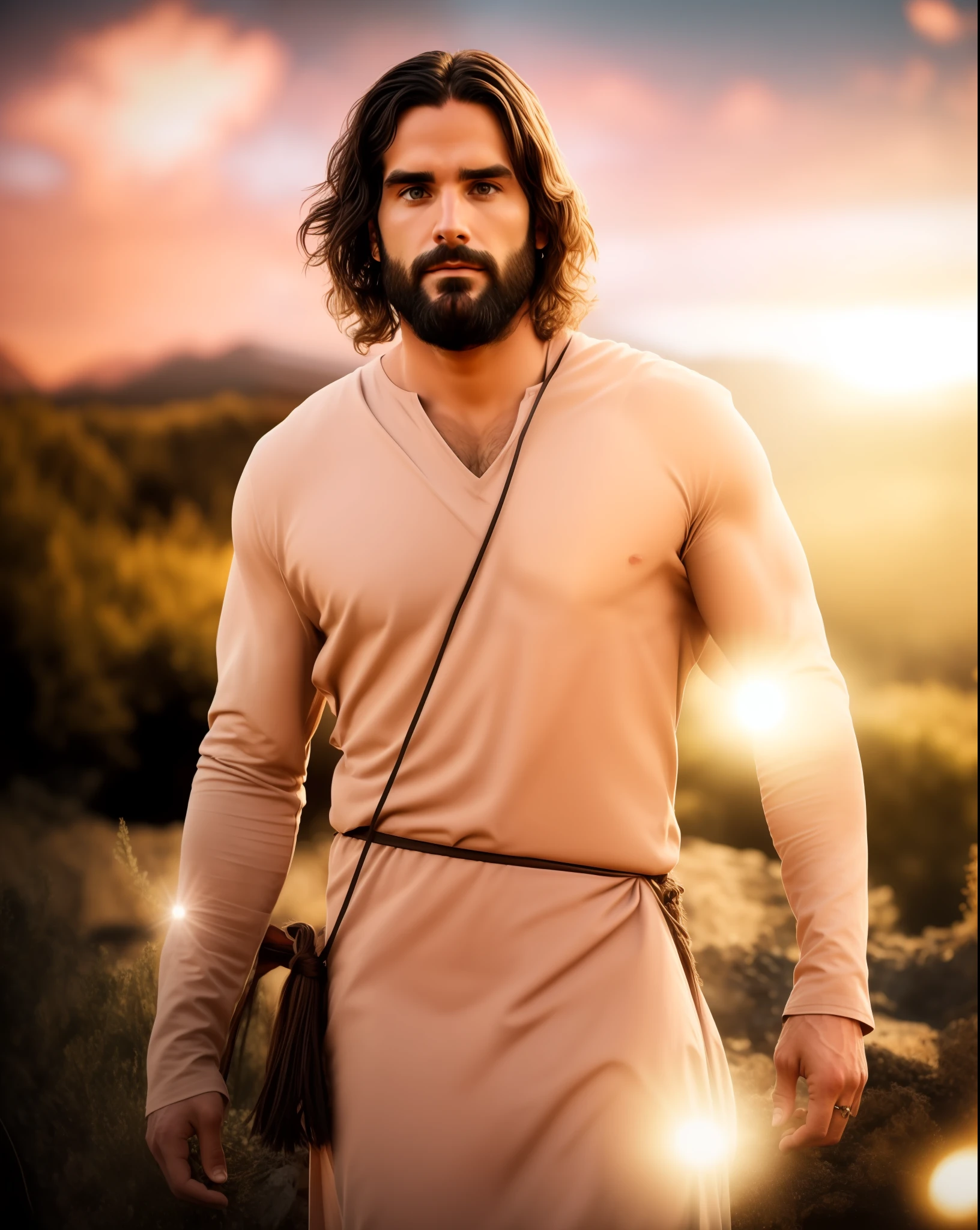 Seth Rollins as Jesus Christ, long hair, similar to seth rollins, wearing tunic, realistic image, best quality, 8k, focus on details.