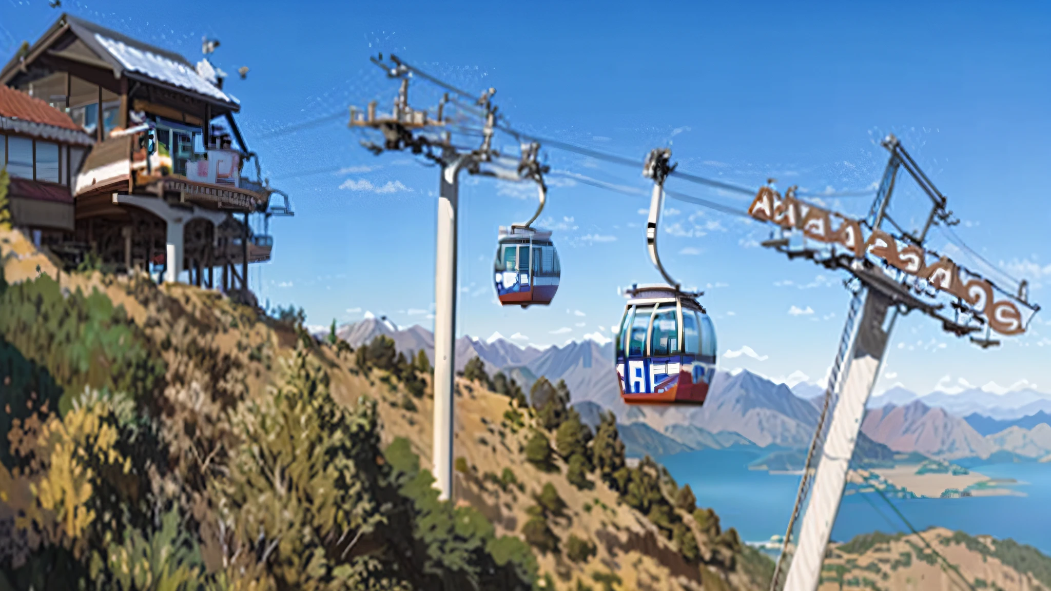 imagine a cable car with a view of a lake and mountains, chairlifts, gondola, gondolas, new zealand, tourism, former, motivational, series, beautiful views, wellington, tourist destination, around the city, beautiful view, comfortable, painted animation background