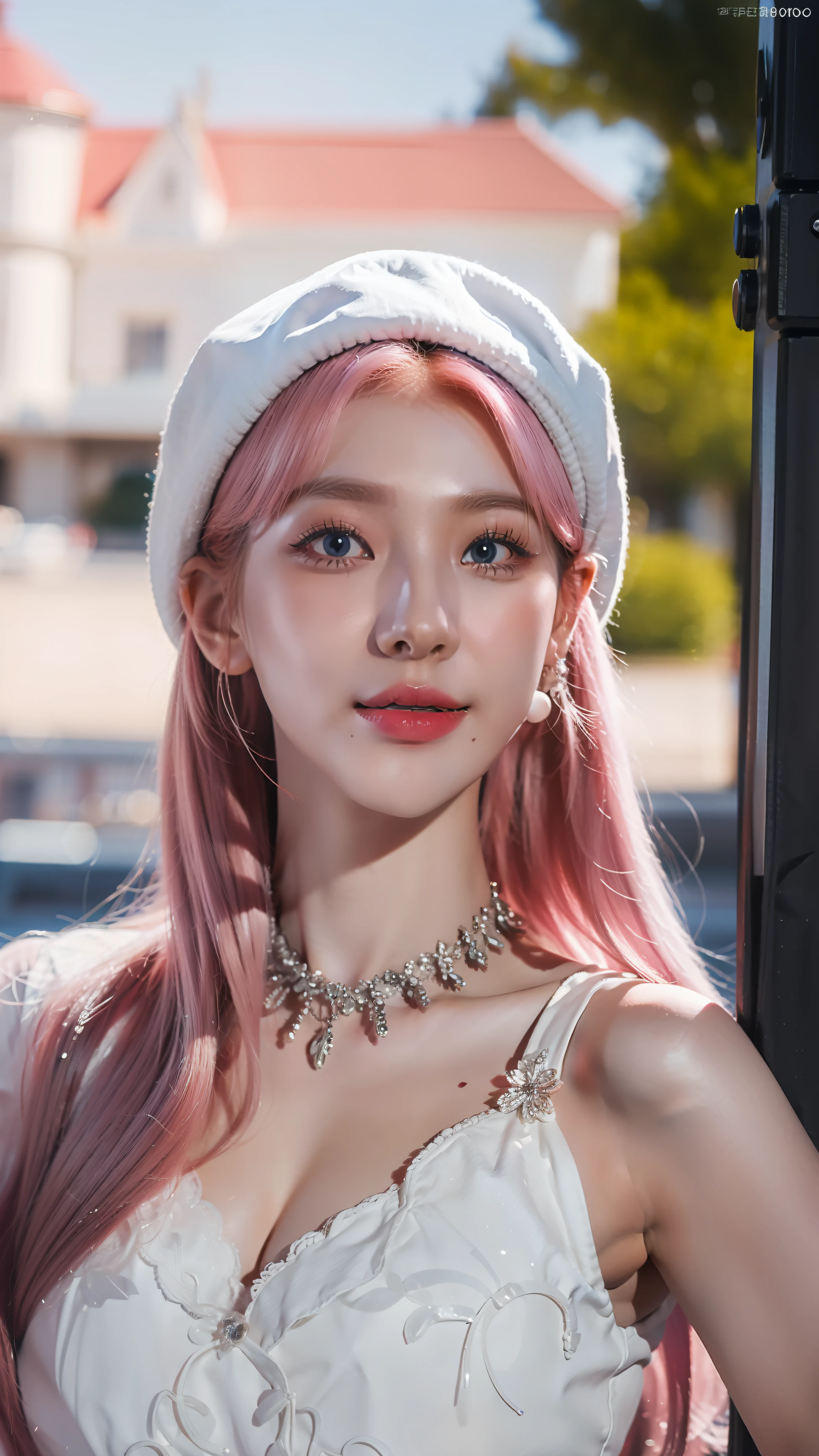 Best quality, super high resolution, (realism: 1.9), (beautiful girl: 1.4), (medium breasts: 0.8), looking_at_viewer, detailed facial details, beautiful detailed eyes, pink hair, blue eyes, slim, unforgettable smile, (makeup: 0.4), red lips, very detailed clothes, (ulzzang-6500-v1.1: 0.3)