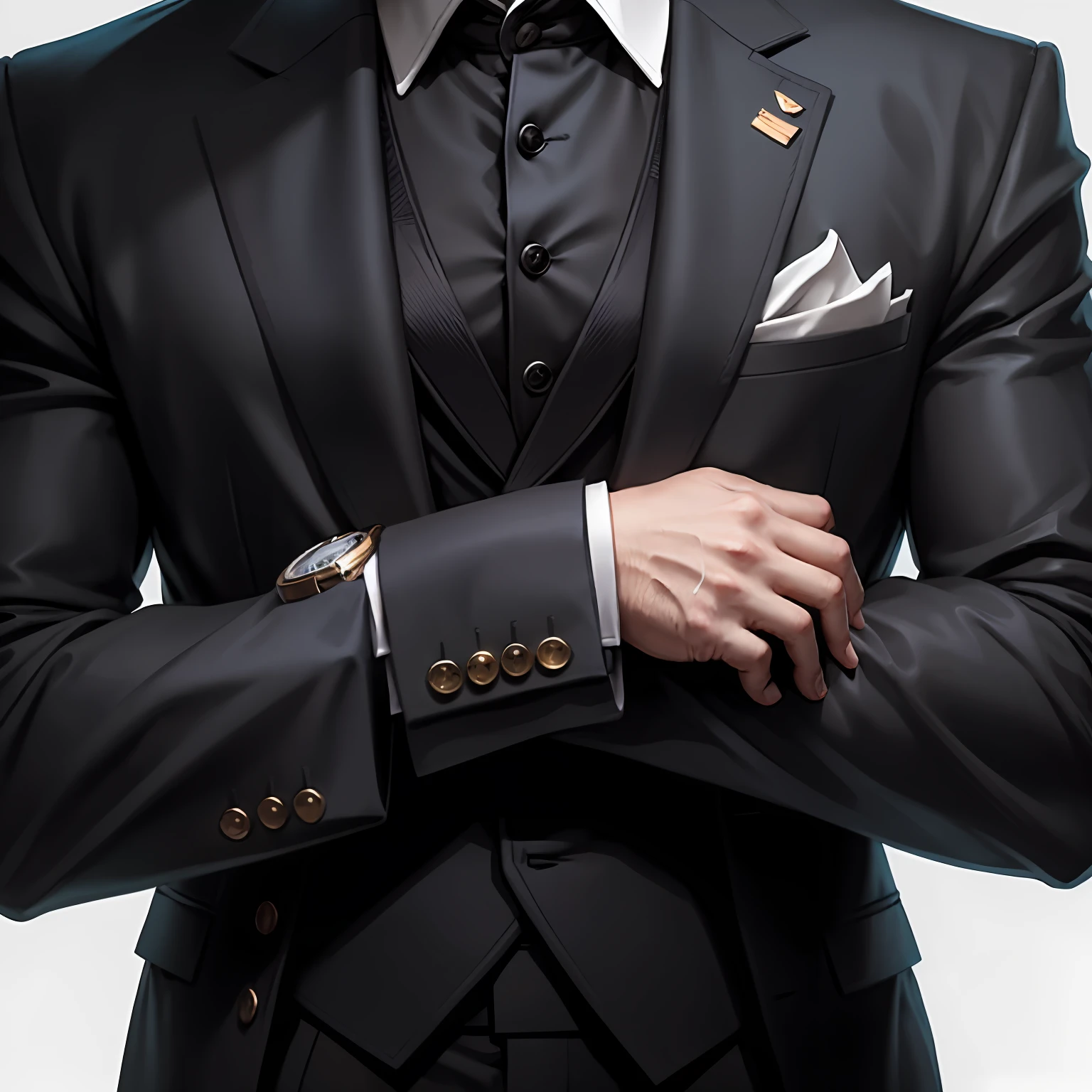 Millionaire with arms crossed, black suit, white background --auto