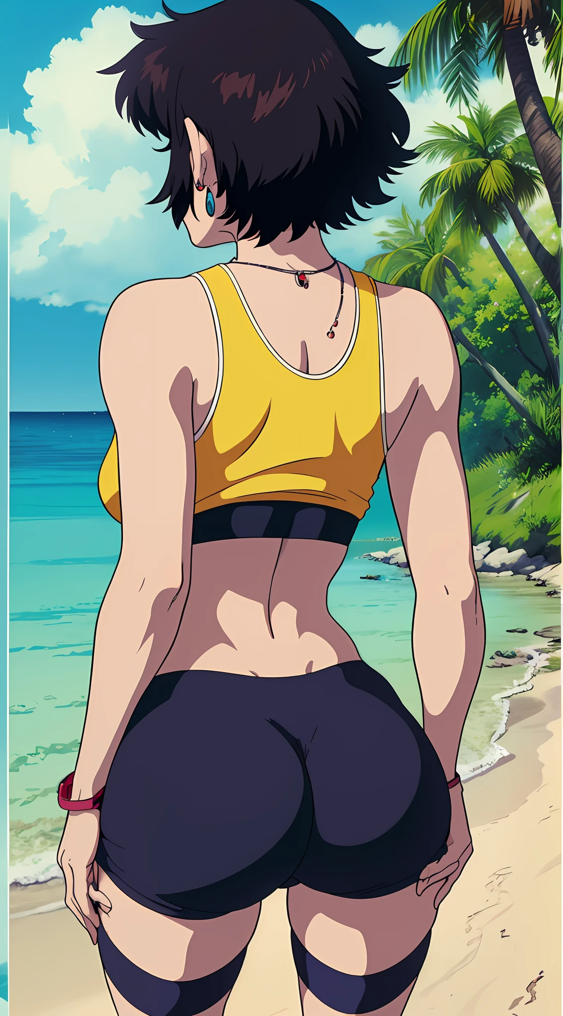 Female, black short, messy hair, earrings, fighter, designer tank top, Biker short, high cut thong, skin tight, short socks, Nike shoes, necklace, breasts, butt, Beach background, back of view, back of view POV, putting her hands on her hips/waist, sexy poses