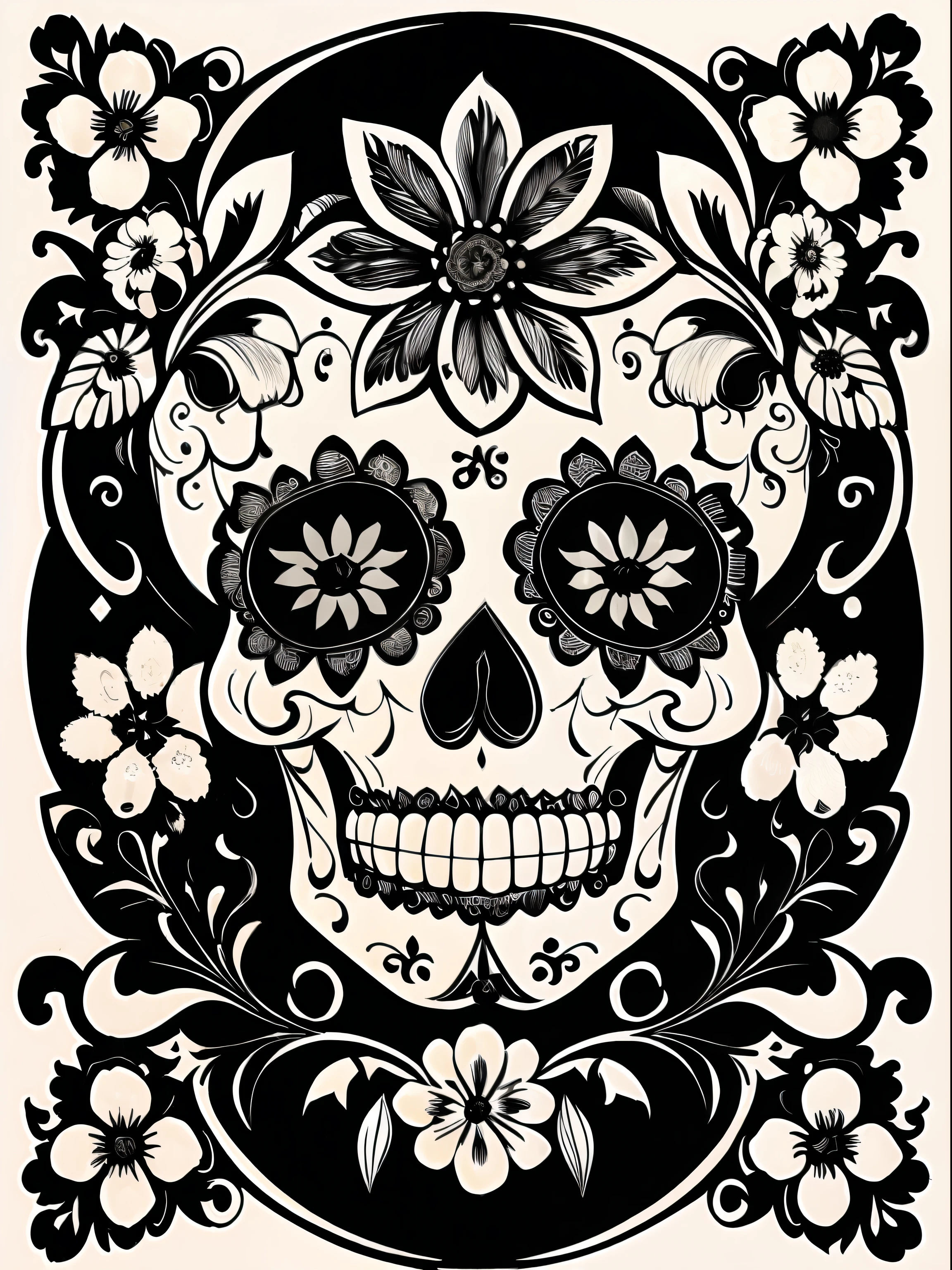 (Best Quality), (Masterpiece), (Ultra Detailed), (High Detail), (Extremely Detailed), Sugar Skull + Black & White Ink + Detailed Texture + Magic + Symmetry + Bouquet of Flowers + Flowers + Vines + Detailed Ink Illustration + Renaissance Symbols + Tarot Card with Ornate Border Frame + Dark Atmosphere + Flowers + White, Vector, Black & White Background, Colorless Page, 8k