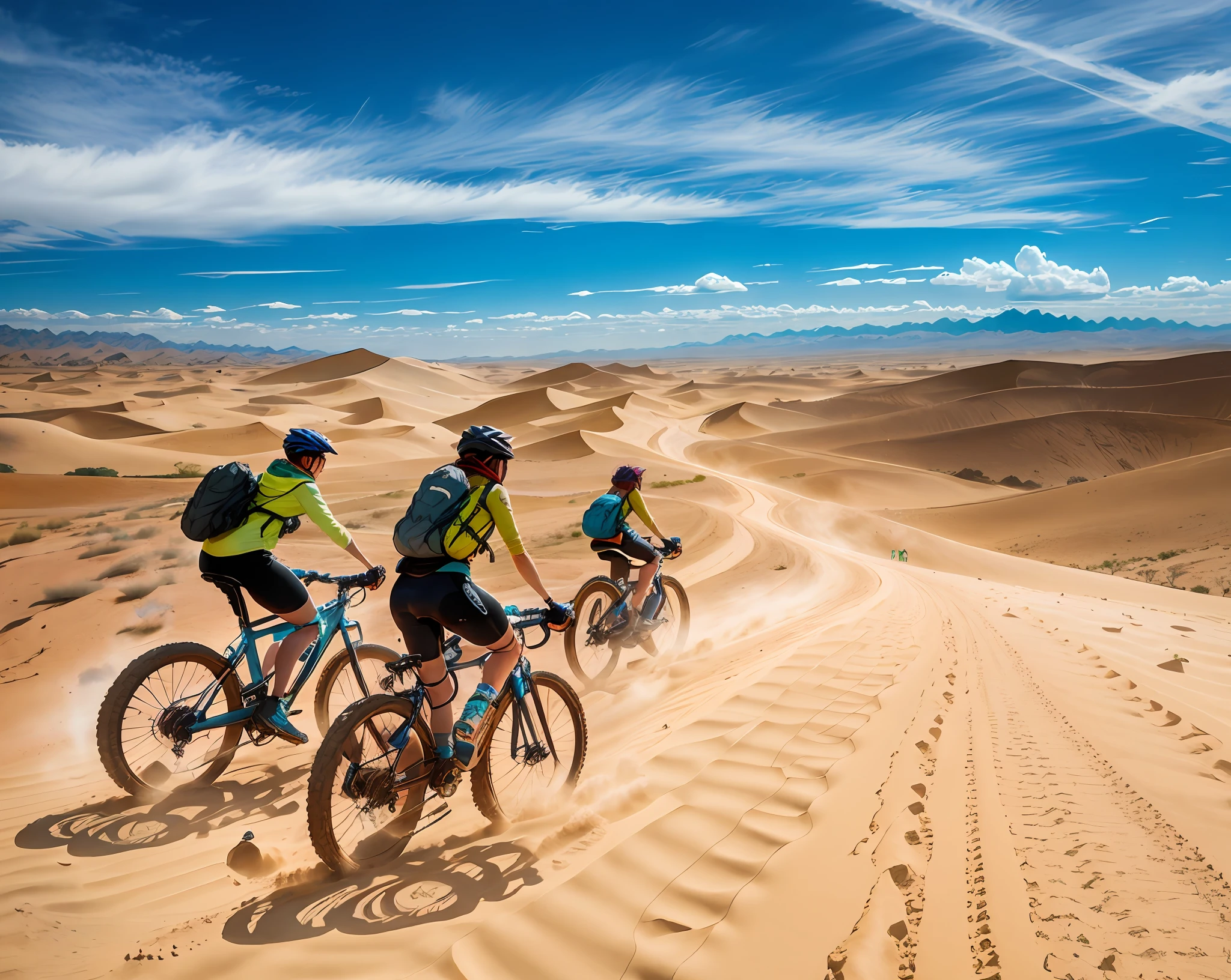 three people riding bikes on a dirt road in the desert, cinematic silk road lanscape, stunning image, decorated, journey, recreation, triumphant, mongolia, sand dunes, motivational, cycling!!, explore, exploration, you won't believe it, bicycles, unwind!, featured, comfortable, reddit post, full of sand and dust, awe - inspiring award - winning, prettt