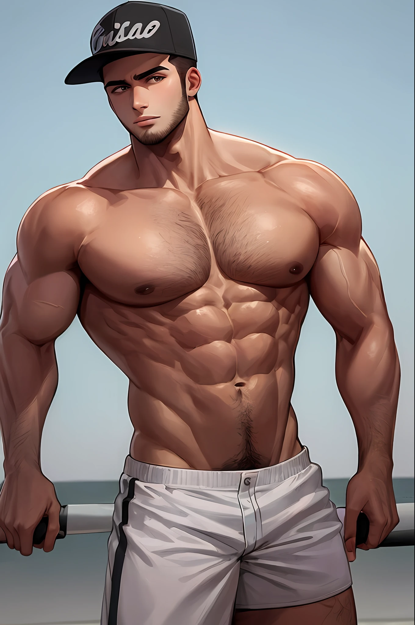 A fit, 23-year-old man of Middle Eastern descent with a muscular build wearing a baseball cap and a speedo, showcasing a distinct cleft chin, hairy armpits, carrying a baseball bat. gigachad