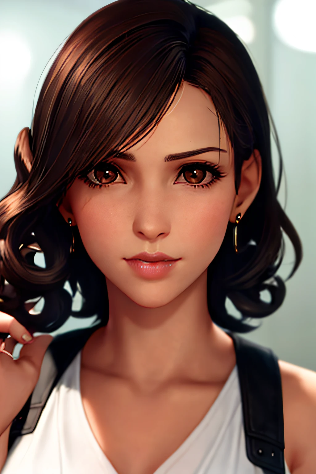 FF7R style,
1girl, solo, medium curly hair, earrings, jewelry, brown eyes, black hair, looking at the viewer, realistic, blurred, split lips, blurred background, social blouse, lips, portrait, suspenders, shoulders covered, brown eyes, bangs thrown to the right side
, (((masterpiece))