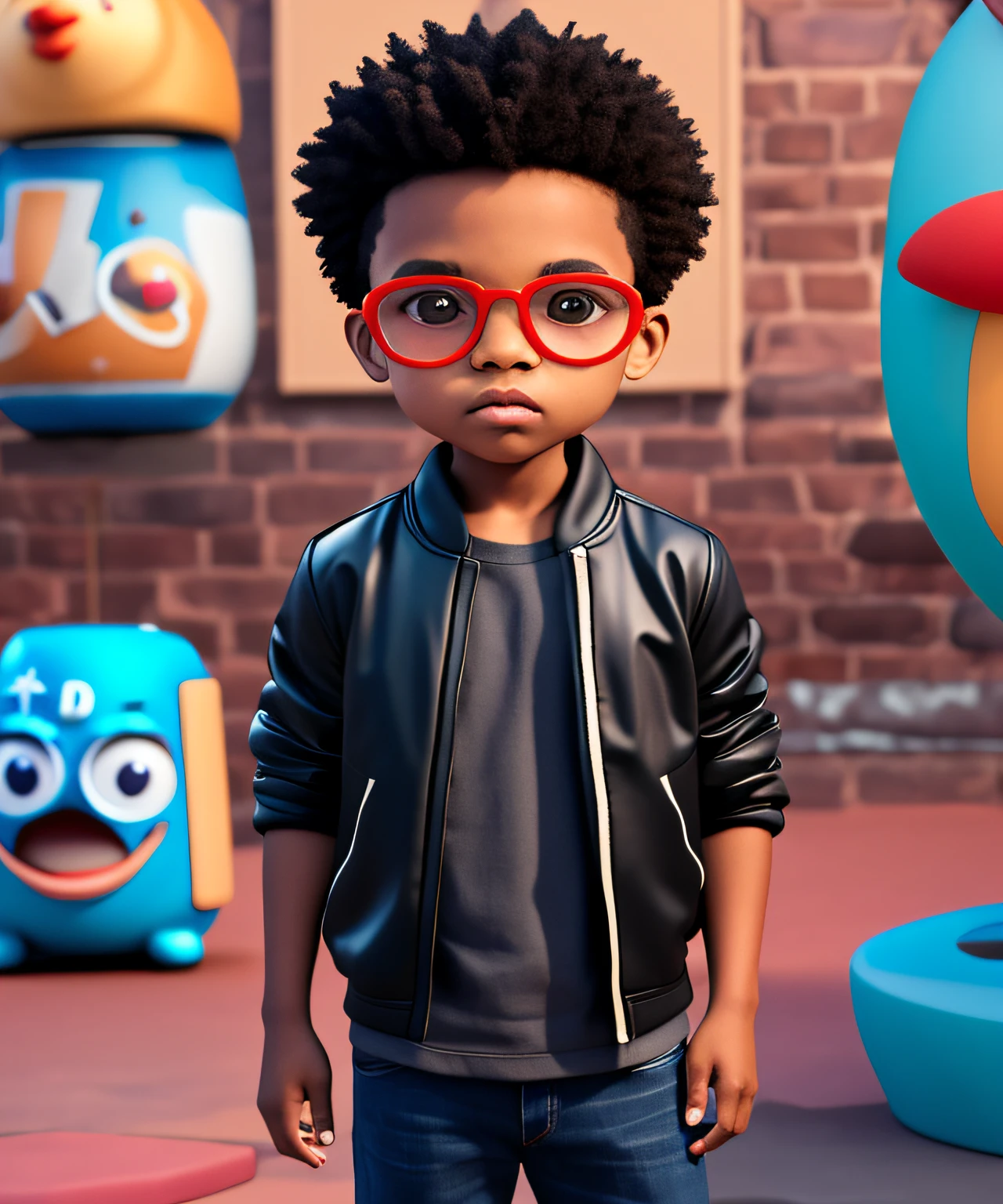 A black boy 3d character aged between 7 and 10 years old has black hair, bald, has a cute and poses for a photographer and eyes straight into the camera, color grading sony a7 70mm camera lens, boy wears leather jacket and wears glasses , pixar, disney style, short hair